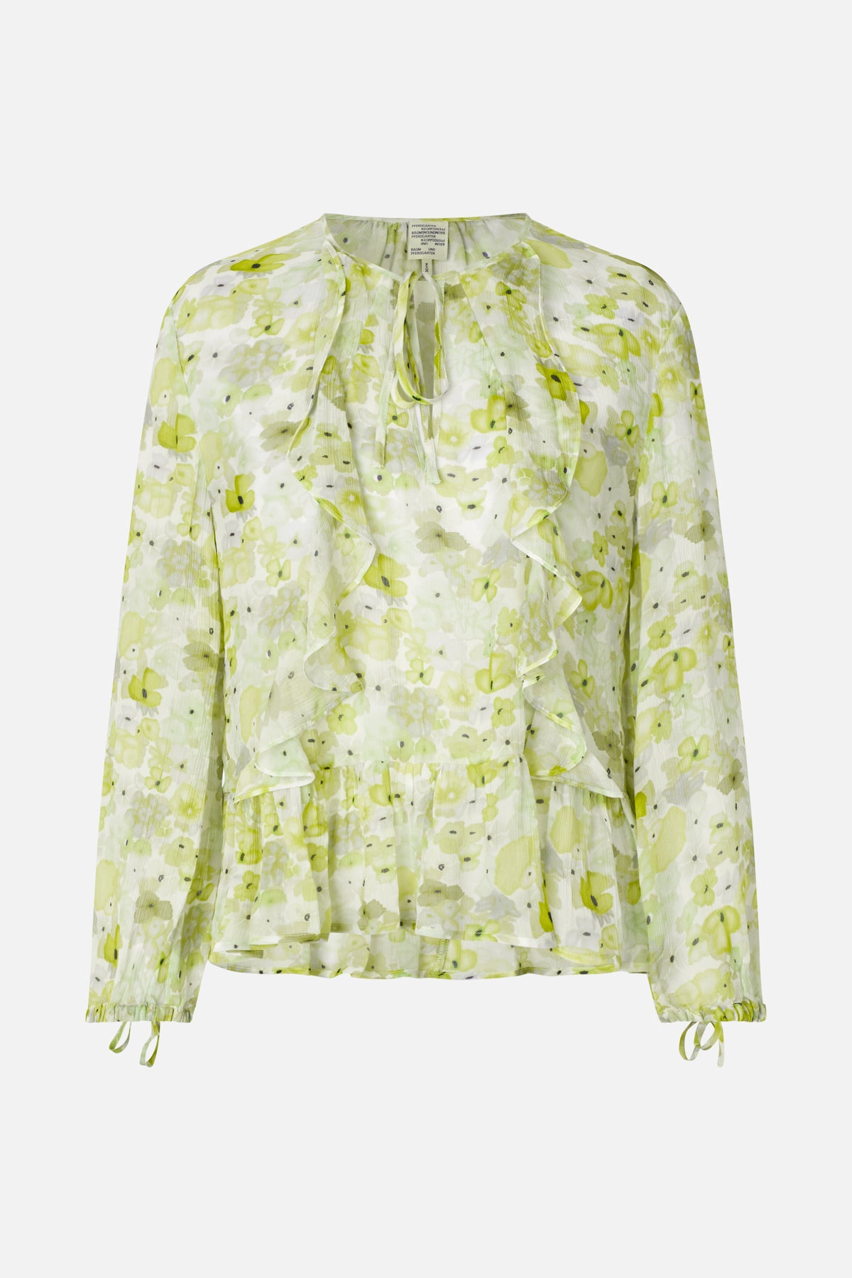 Front view of a long-sleeved blouse with a pale green and white floral print, layered front ruffles, a tie neckline and ribbon cuffs.