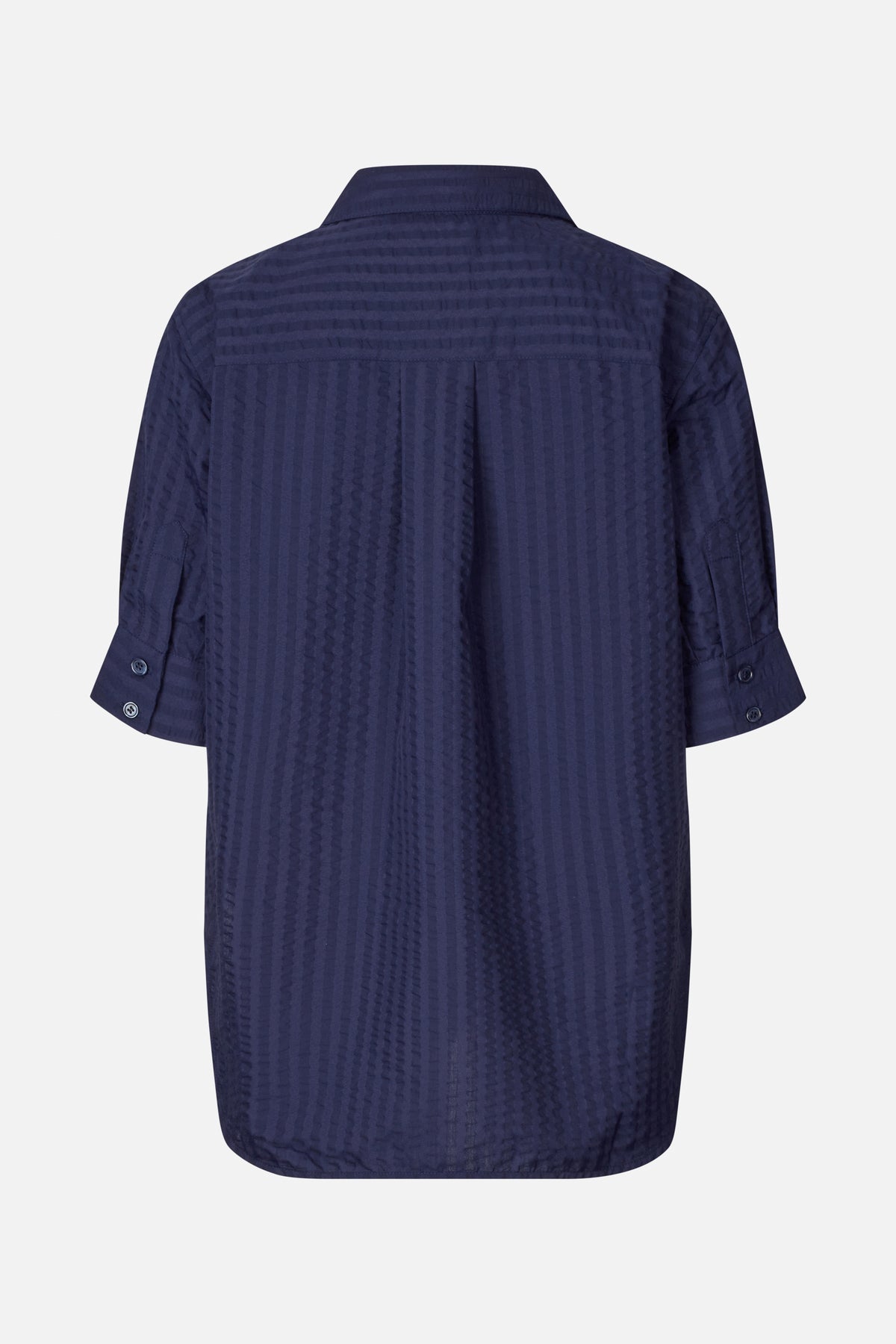 Back view of a dark navy collared shirt with subtle tonal stripes and buttoned cuffs.