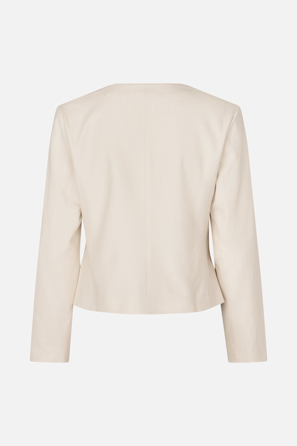 Back view of a cream tailored jacket with long sleeves, a clean neckline and a central seam.