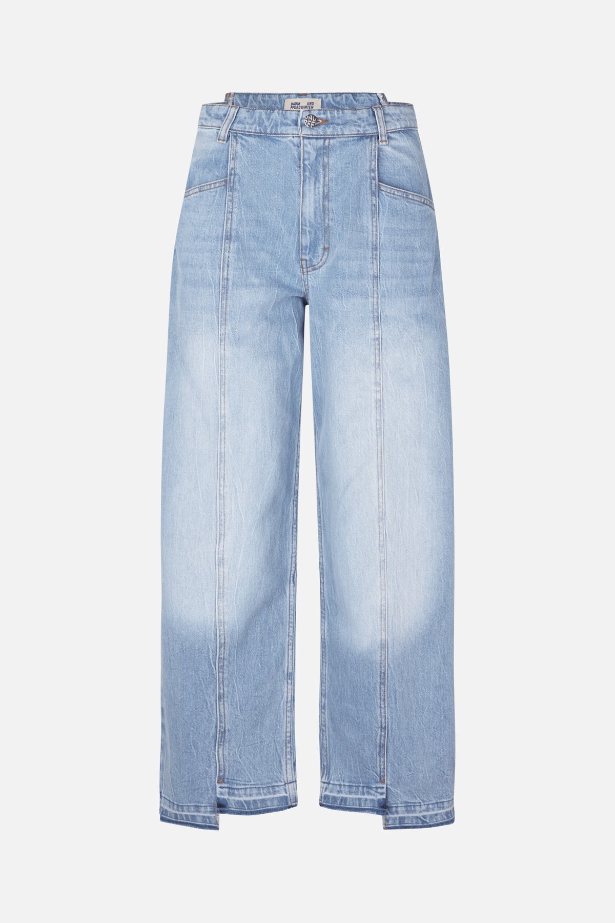 Front view of light-wash blue denim jeans with a high waist, wide straight legs, contrast stitching and front pockets.