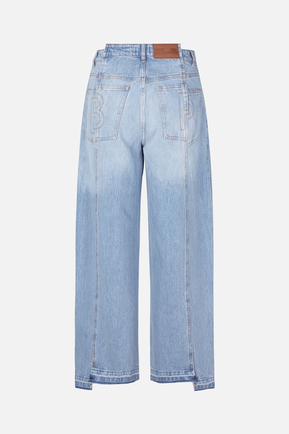 Back view of light-wash blue wide-leg jeans with outlined rear-pocket detailing and a brown waistband patch.