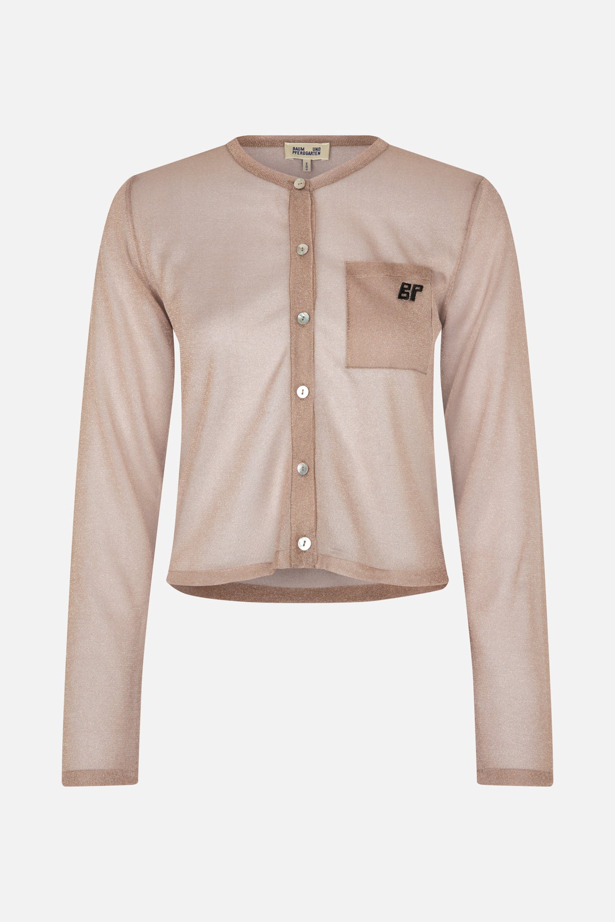 Front view of a shimmery blush-pink cardigan with long sleeves, button fastening, ribbed trim and an embroidered chest pocket.