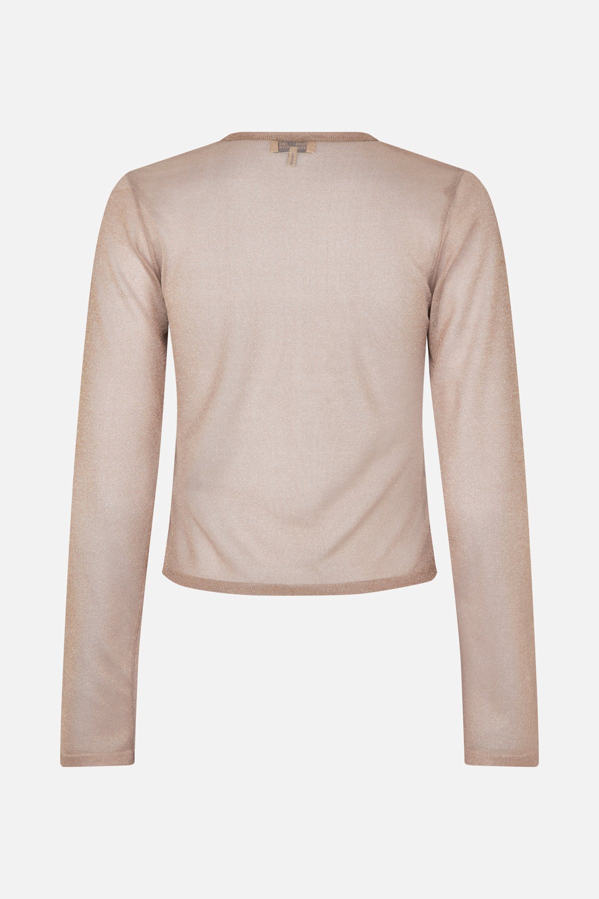 Back view of a long-sleeved beige top with a subtle metallic shimmer and ribbed neckline and hem.