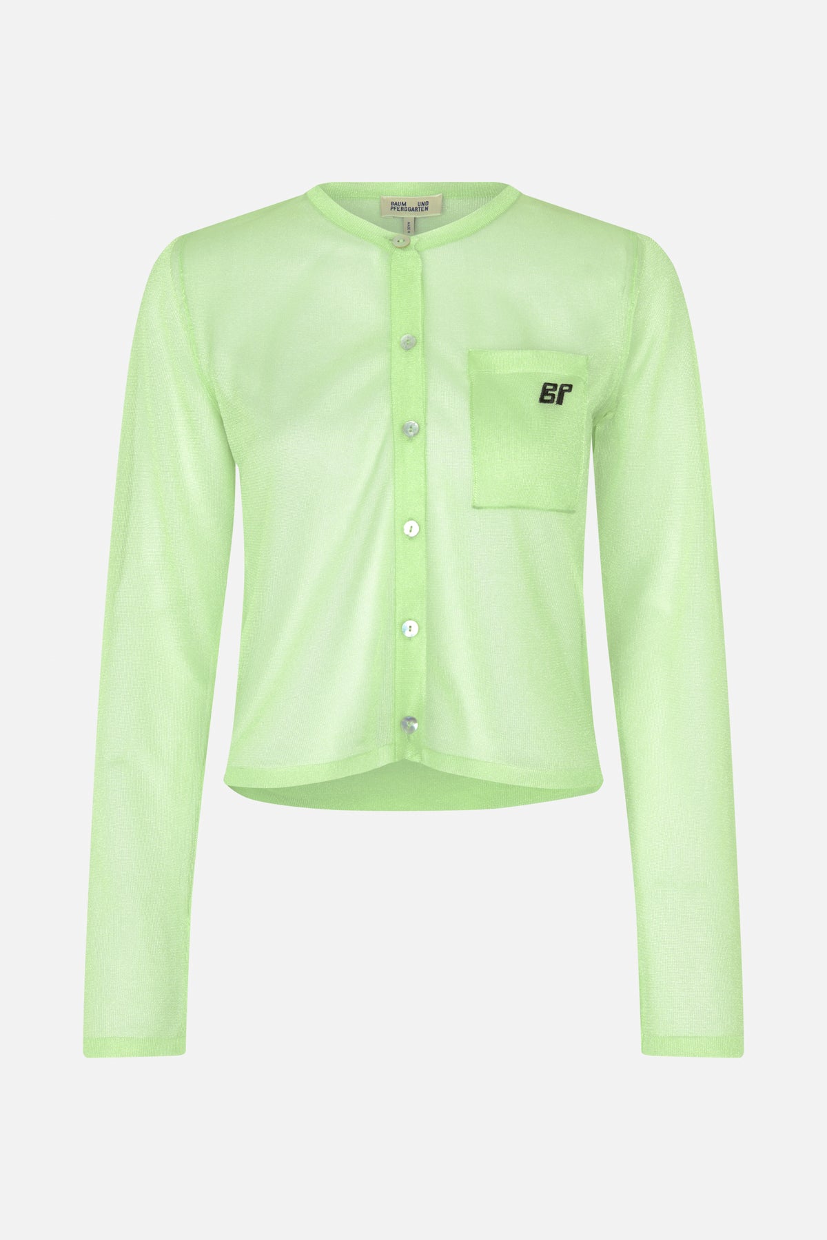 Front view of a light lime-green sheer knit cardigan with a round neckline, button front, long sleeves and chest pocket with black lettering.