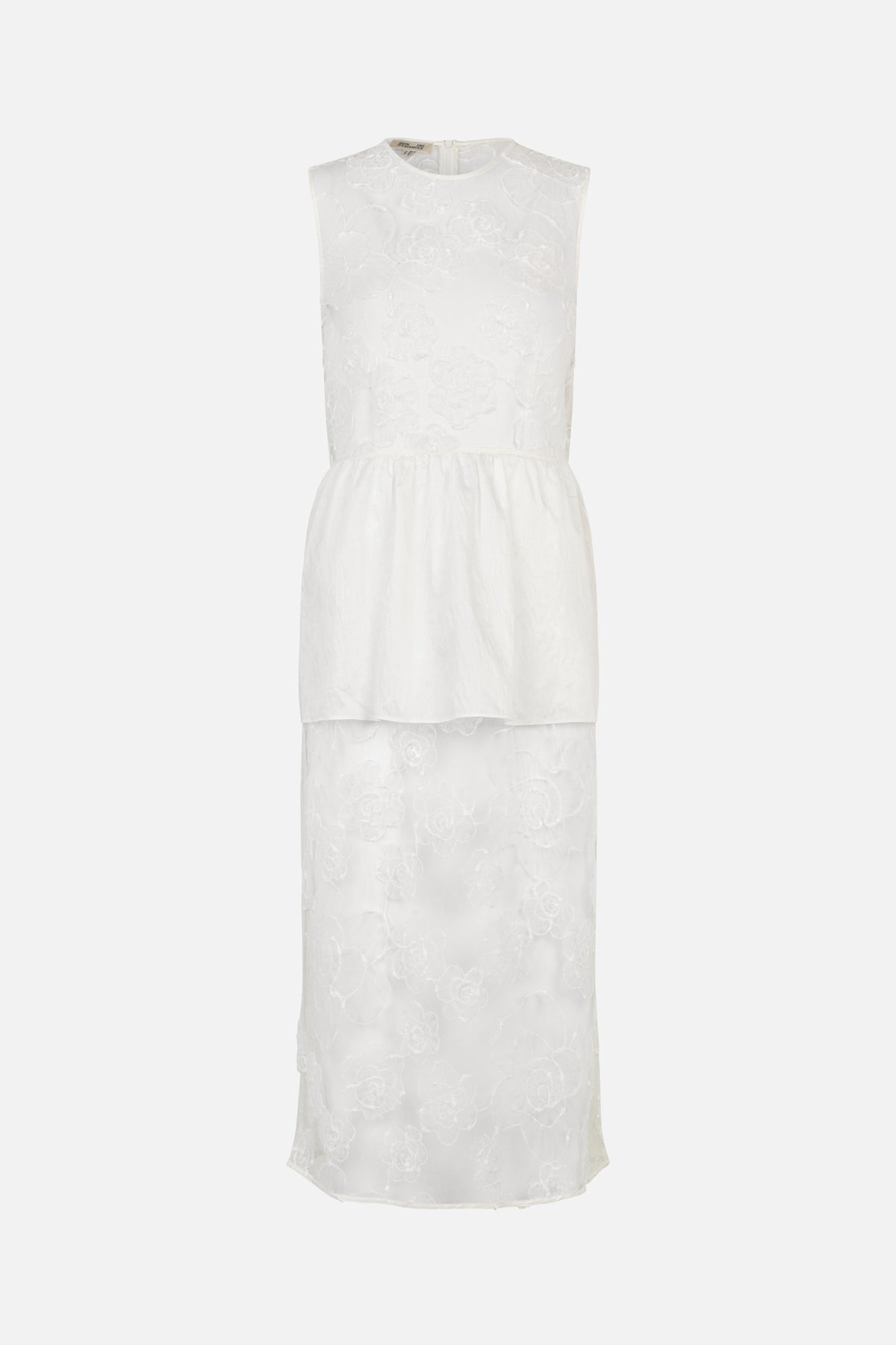 Front view of a white sleeveless dress with a round neckline, floral lace pattern and a gathered plain midsection panel.