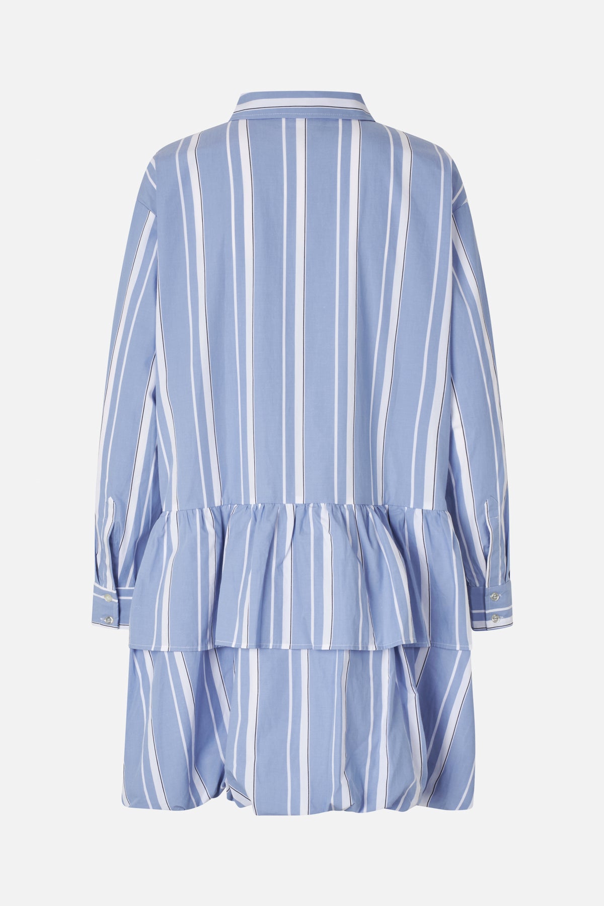 Back view of a blue-and-white vertically striped long-sleeved collared shirt with buttoned cuffs and a gathered peplum hem.