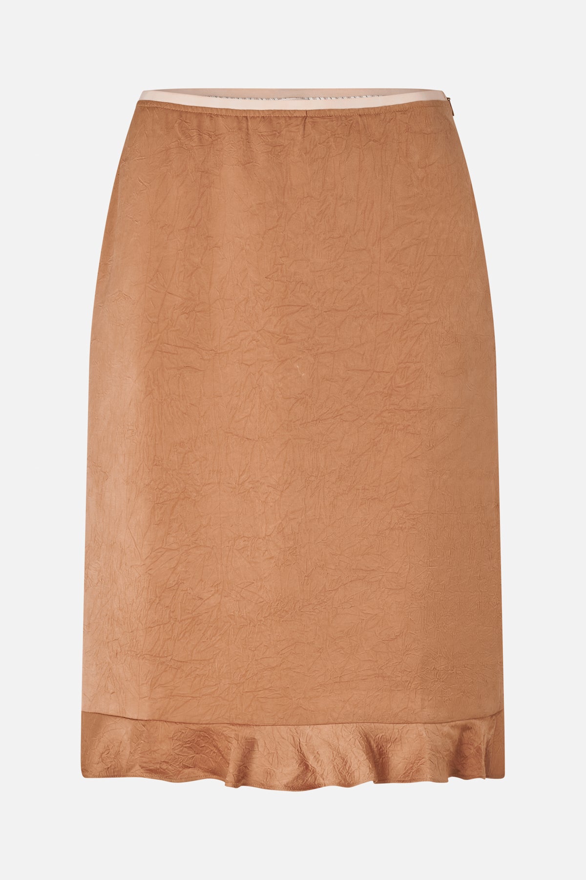 Front view of a caramel-brown crinkled skirt with a pale waistband and gathered flounce hem.