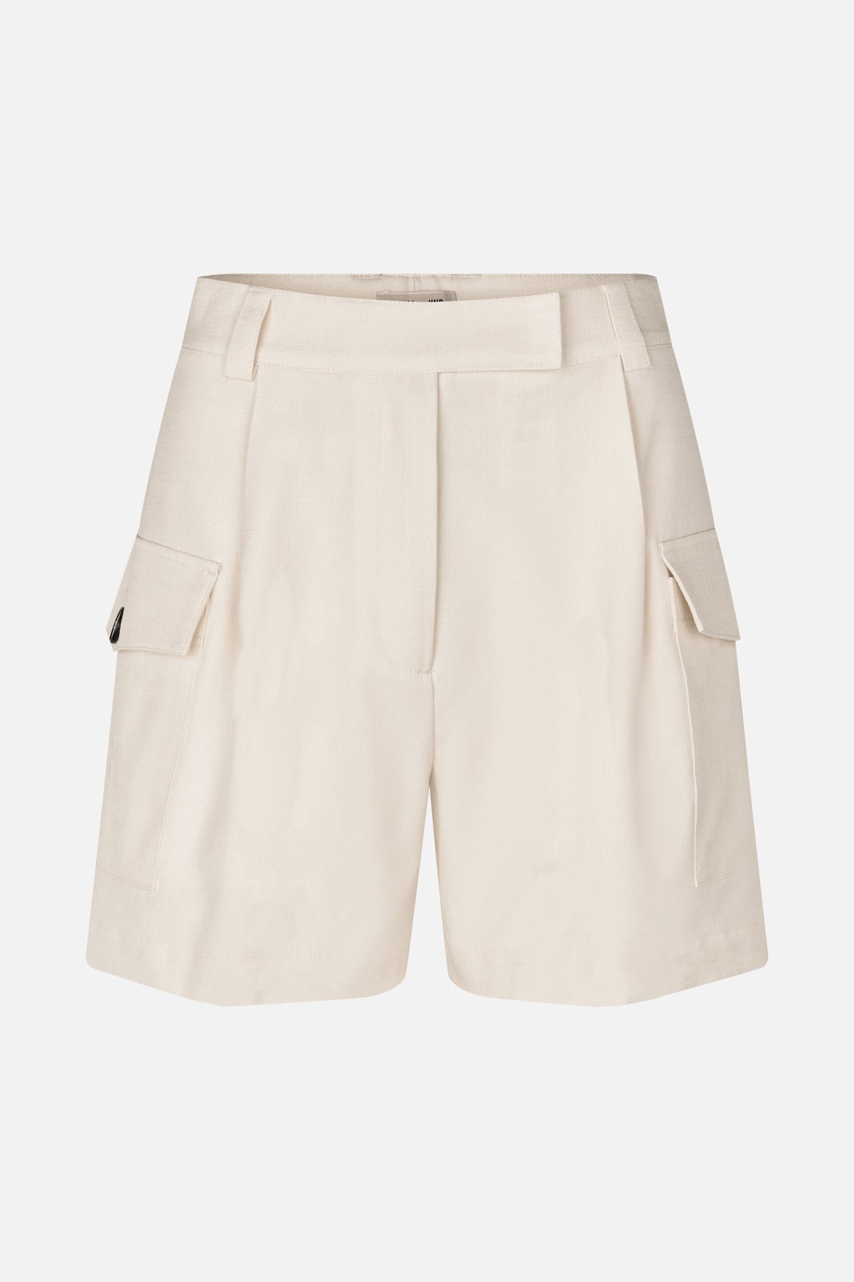 Front view of off-white knee-length shorts with a wide waistband, belt loops, and large flap cargo pockets.