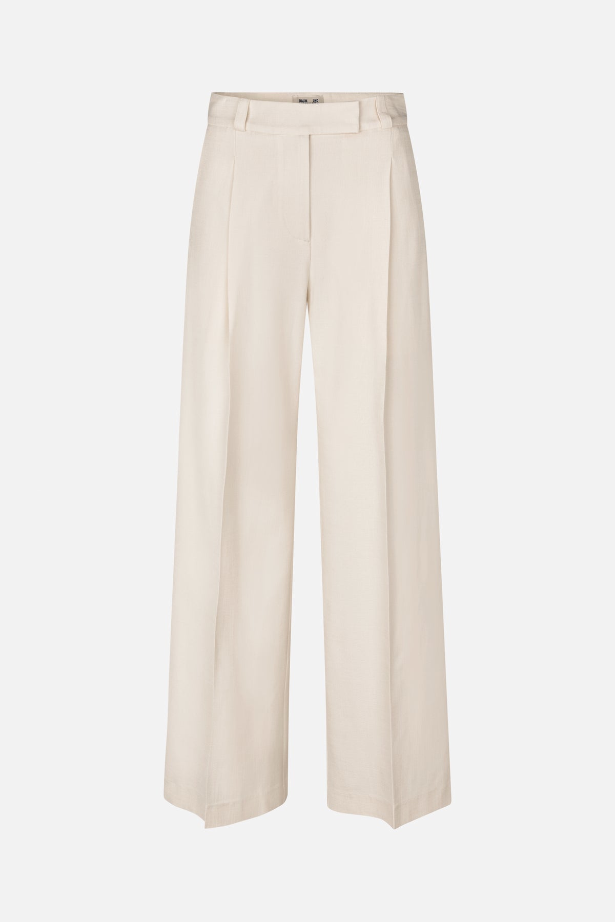 Front view of off-white wide-leg trousers with a high waistband, belt loops and a concealed fly.