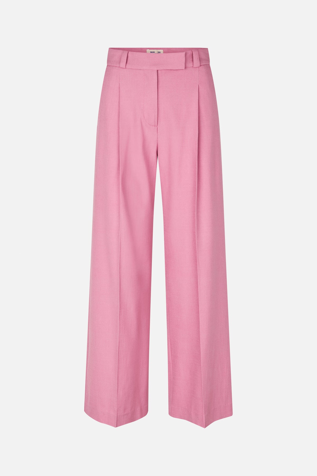 Front view of pink tailored trousers with wide legs, belt loops, a concealed fly and pressed creases.