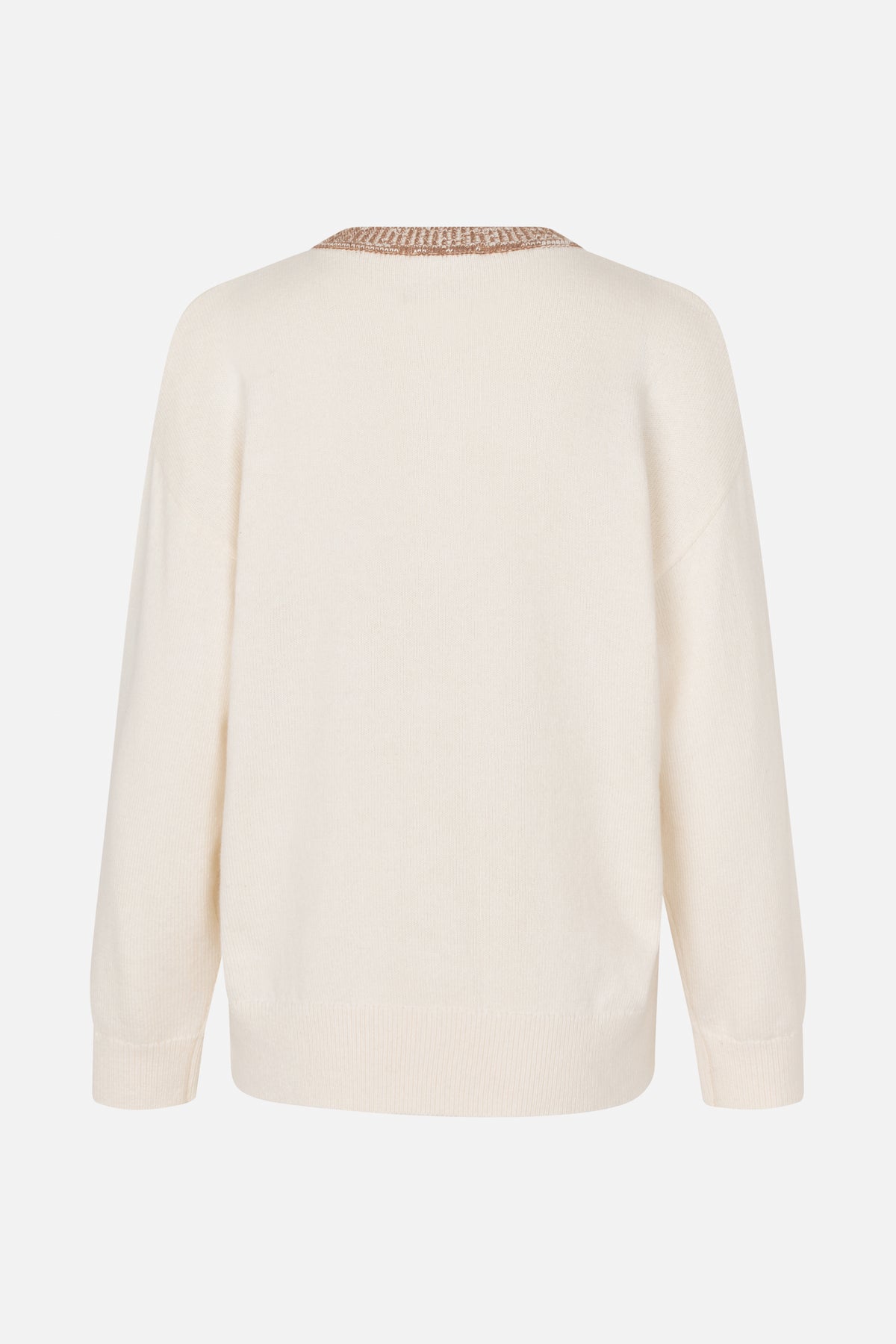 Back view of an ivory long-sleeved knit sweater with a brown patterned collar and ribbed cuffs and hem.