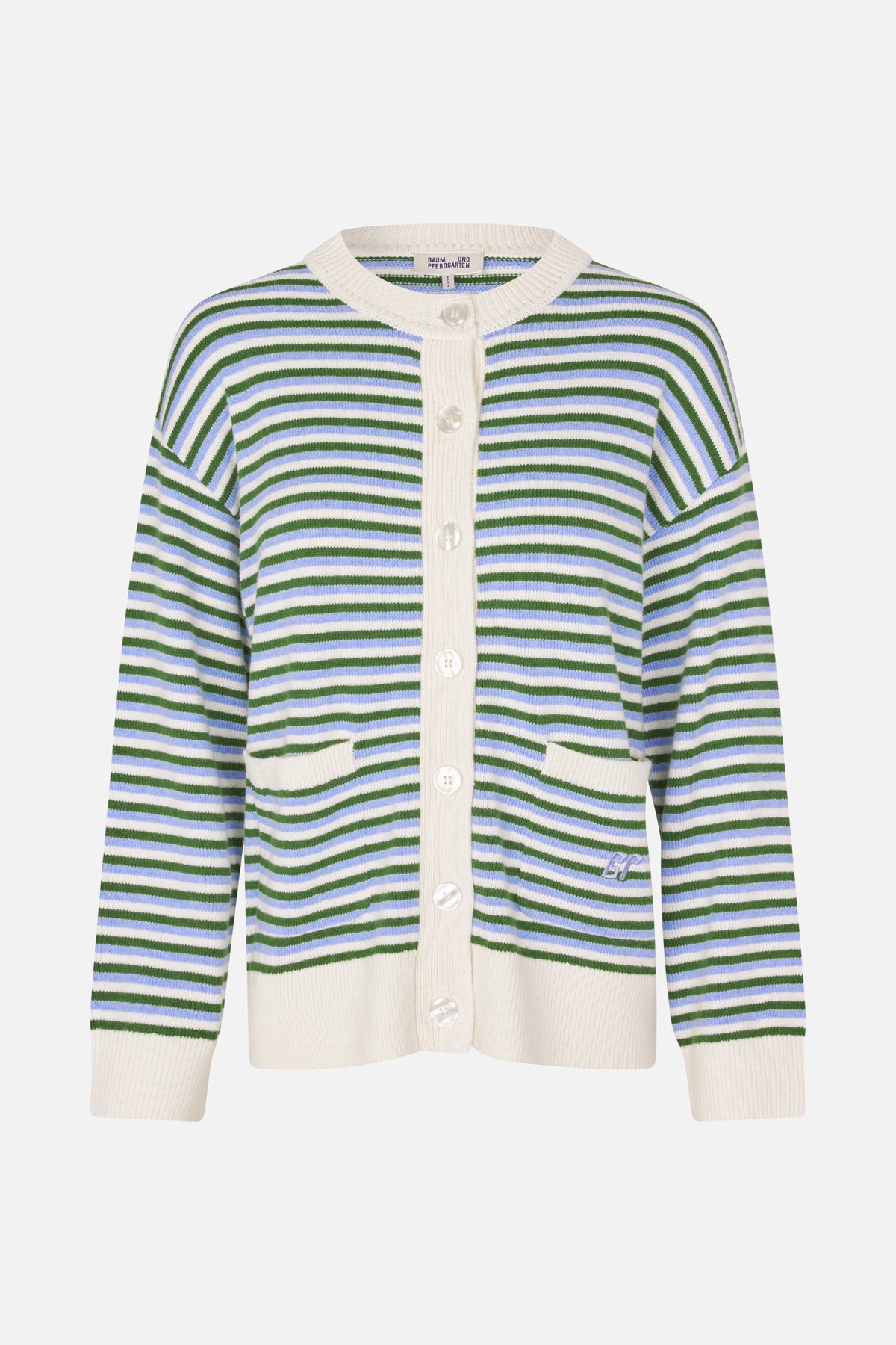 Front view of a cream knitted cardigan with green and light blue horizontal stripes, button closure, ribbed trim, and two front pockets.