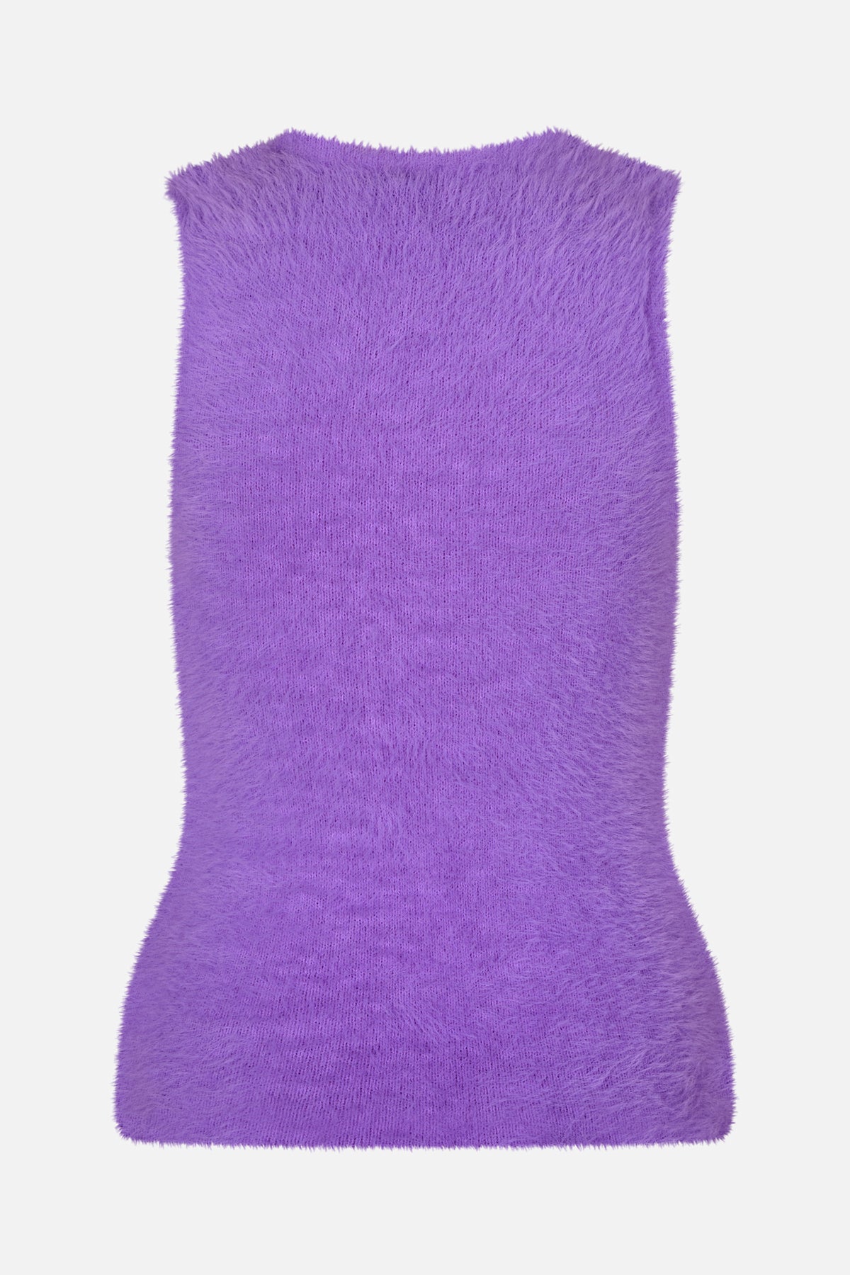 Purple fuzzy-knit dress with a fitted waist and flared hem, shown flat from the front.