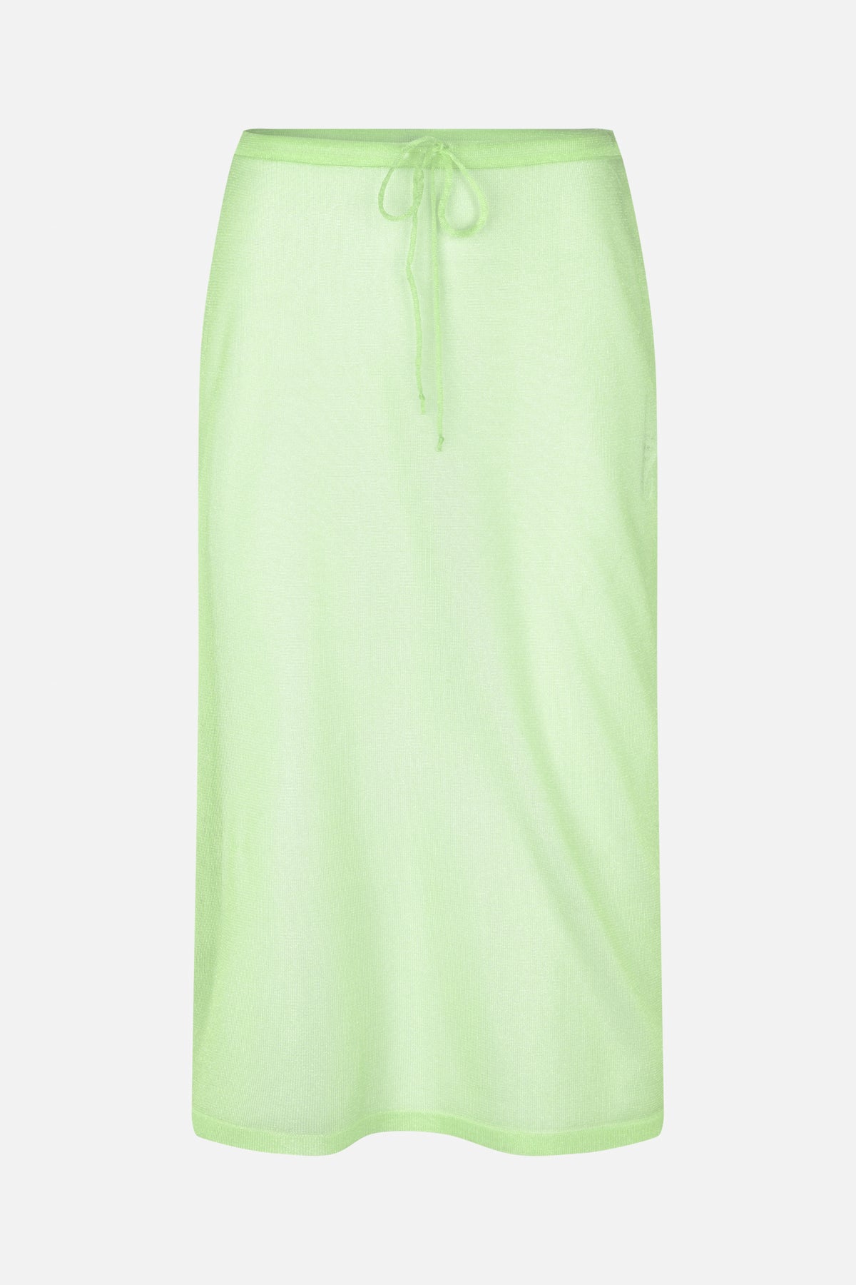 Pale lime green straight skirt with a drawstring waist and fine mesh-like texture, shown from the front.