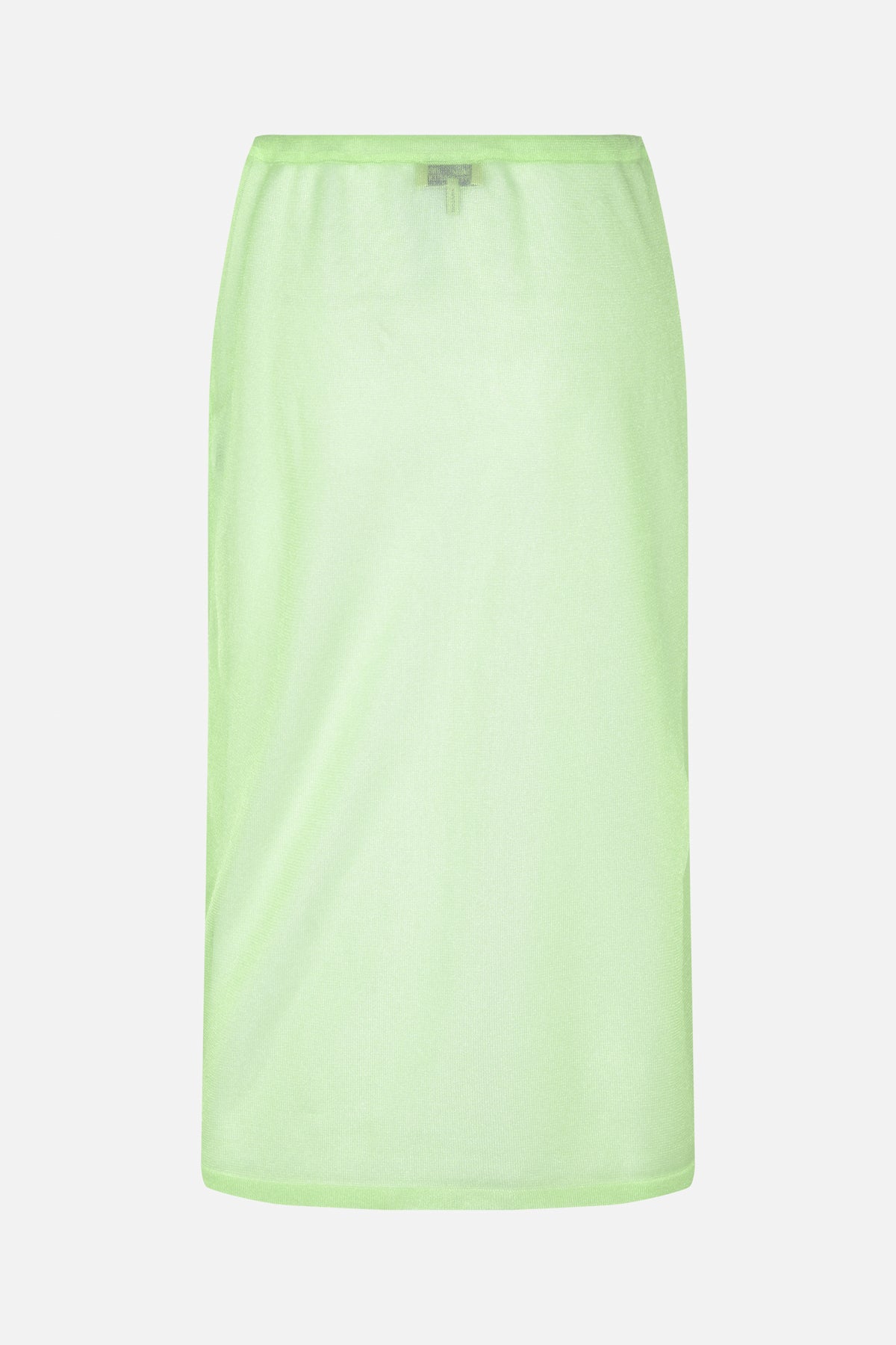 Front view of a pale lime-green straight knit skirt with a wide waistband and plain finish.