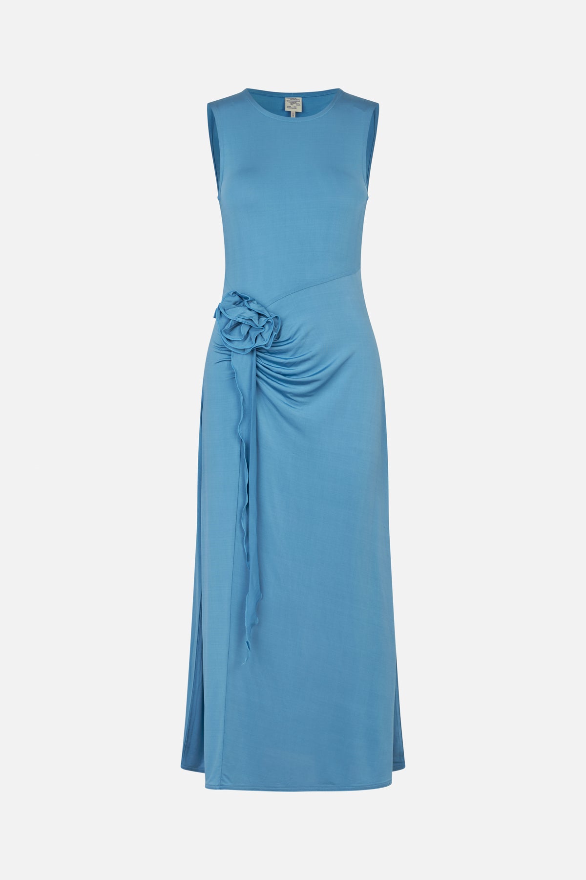 Front view of a sleeveless blue midi dress with a round neckline, diagonal waist seam and gathered ruffle detail at the hip.