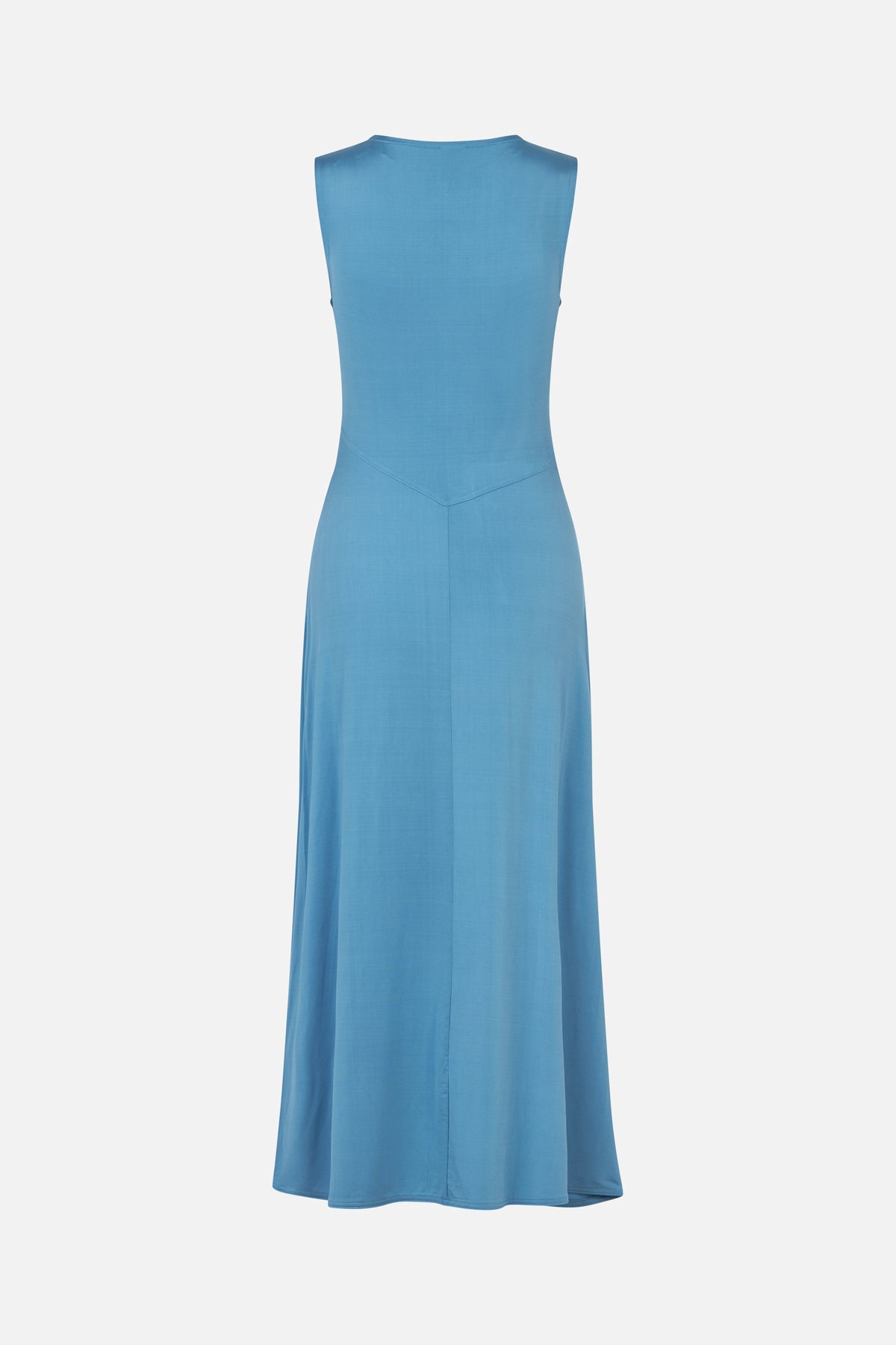 Back view of a solid blue sleeveless maxi dress with a fitted waist, V-shaped waist seam and long straight skirt.