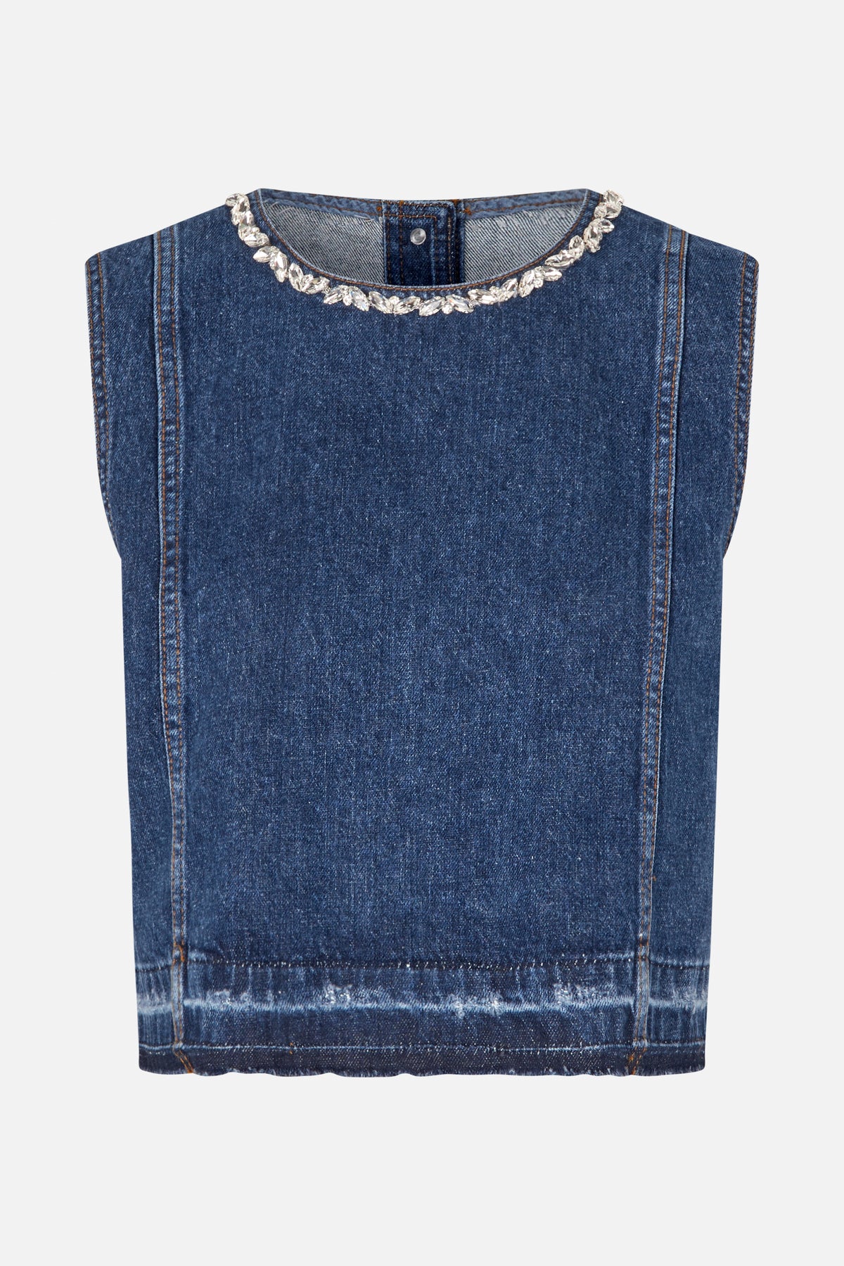 Front view of a dark blue sleeveless denim top with contrast stitching and a sparkling embellished round neckline
