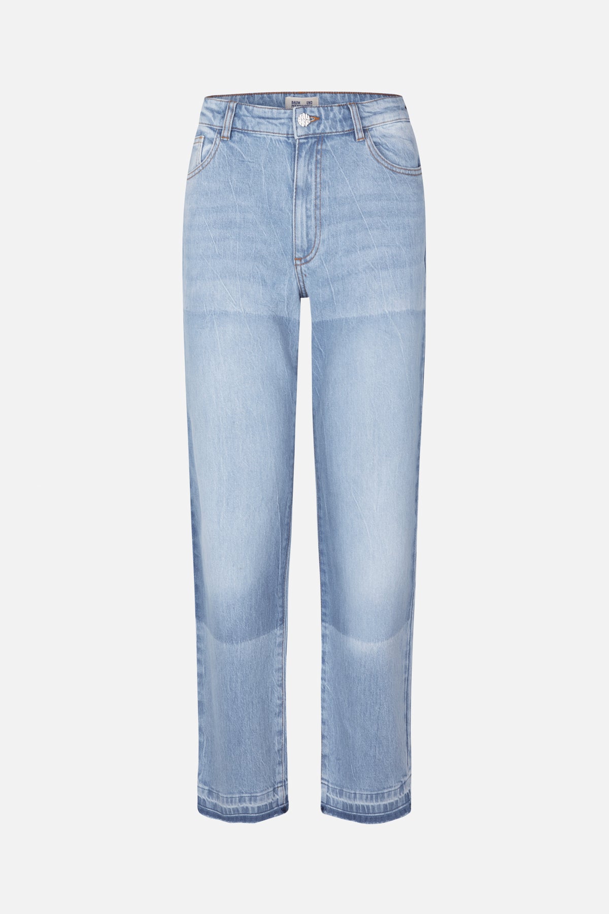 Front view of light blue straight-leg jeans with faded whiskering, copper stitching, front pockets and a branded button
