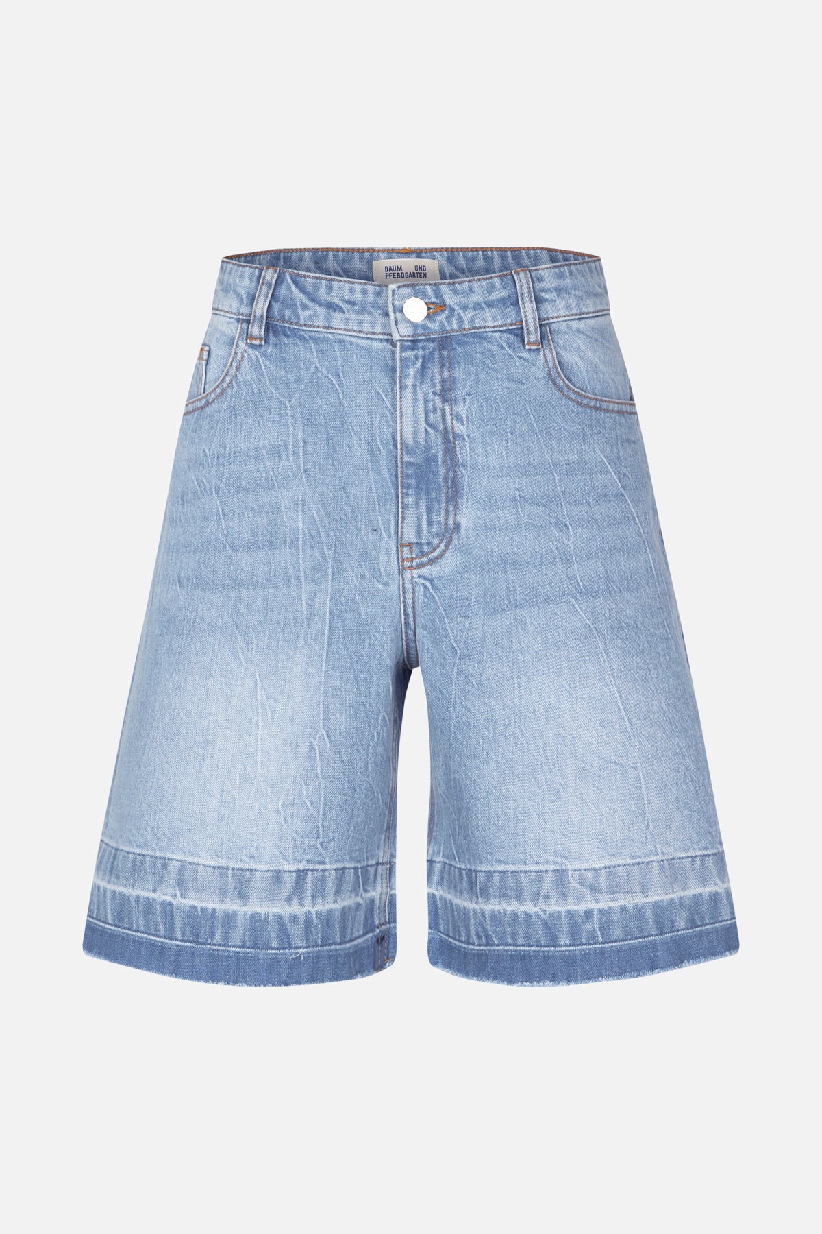 Front view of light blue washed denim shorts with wide legs, a button closure, front pockets and turned-up hems.