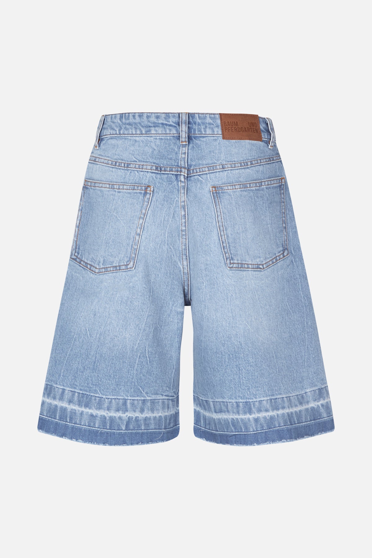 Back view of light-wash wide-leg denim jeans with two patch pockets, contrast stitching and wide turned-up hems.