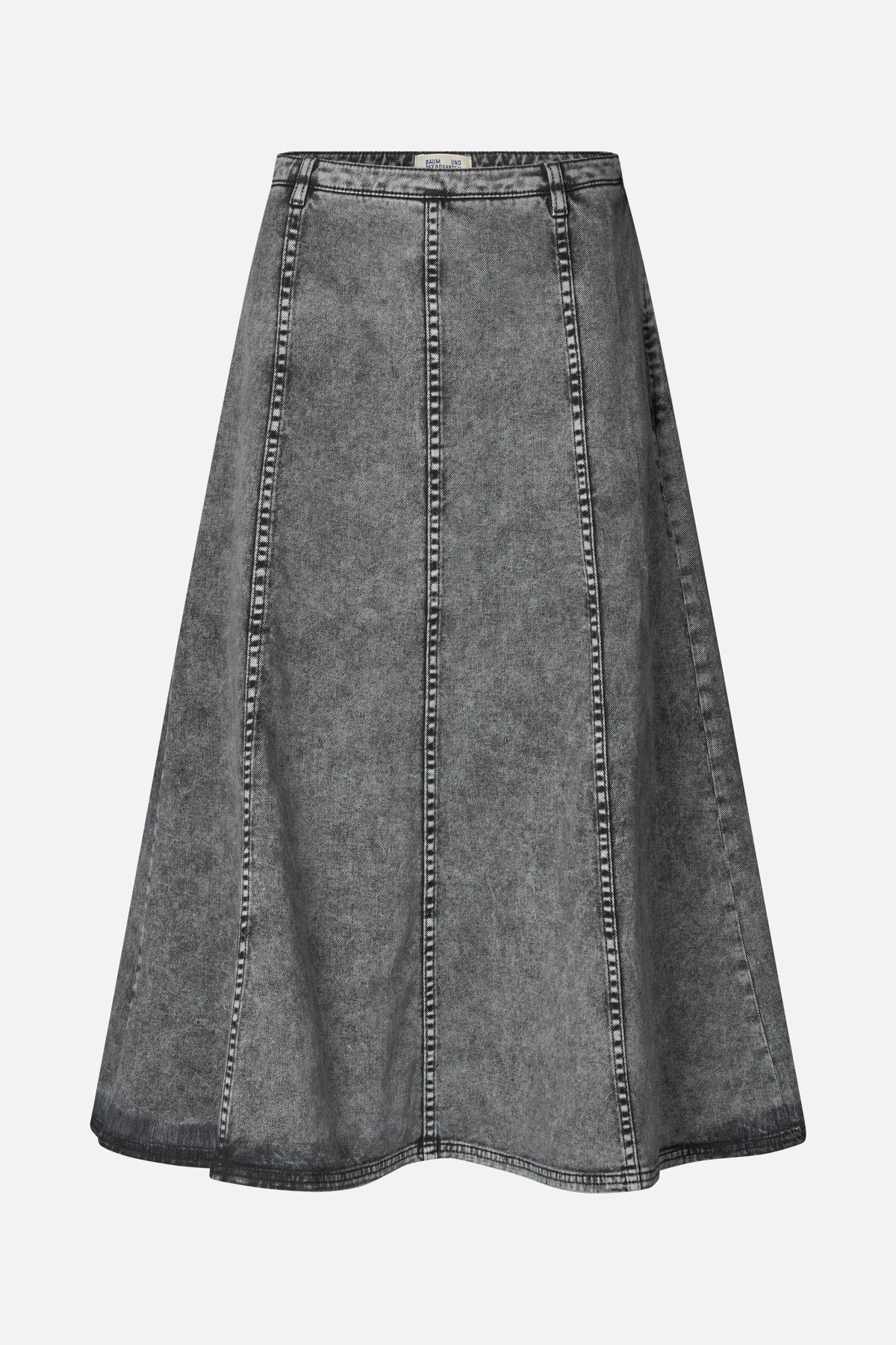 Front view of a flared grey washed denim skirt with vertical panel seams and contrasting stitching.