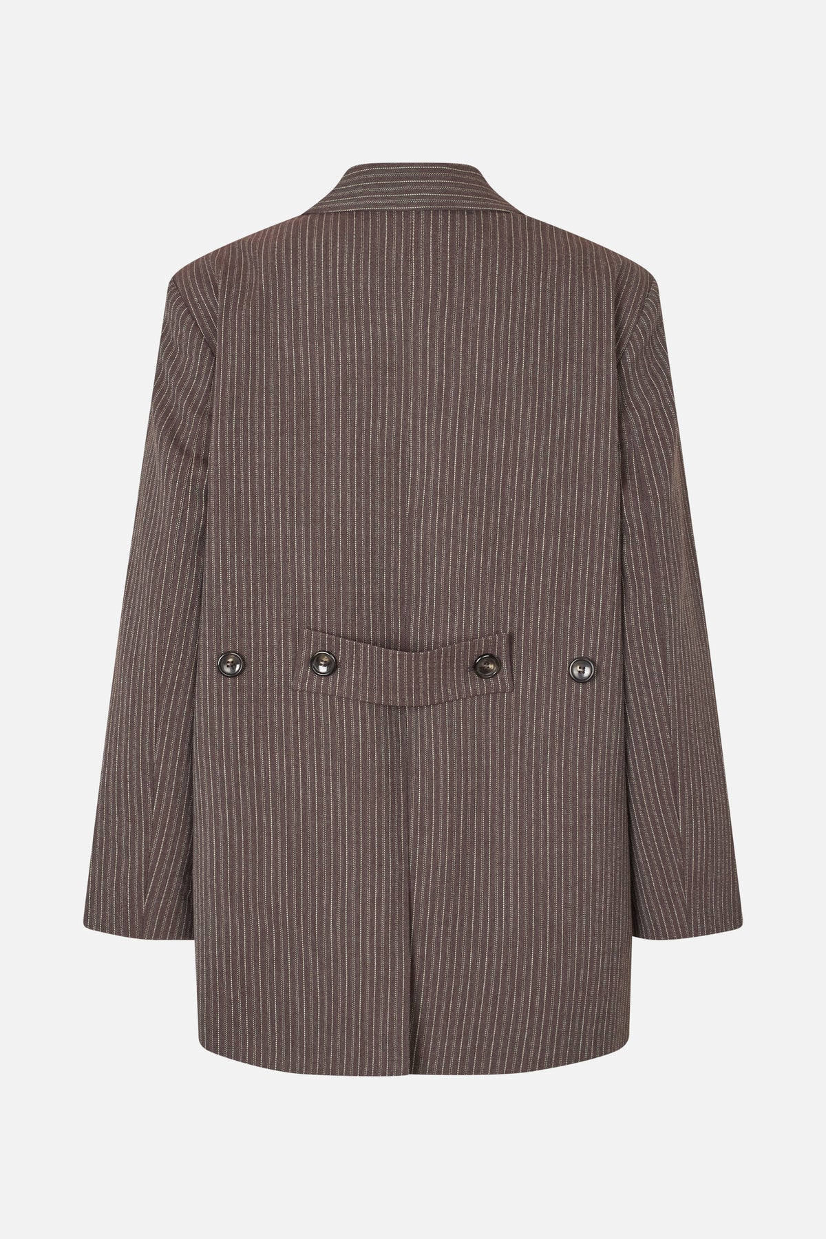 Back view of a brown blazer with fine cream pinstripes and a buttoned waist strap.