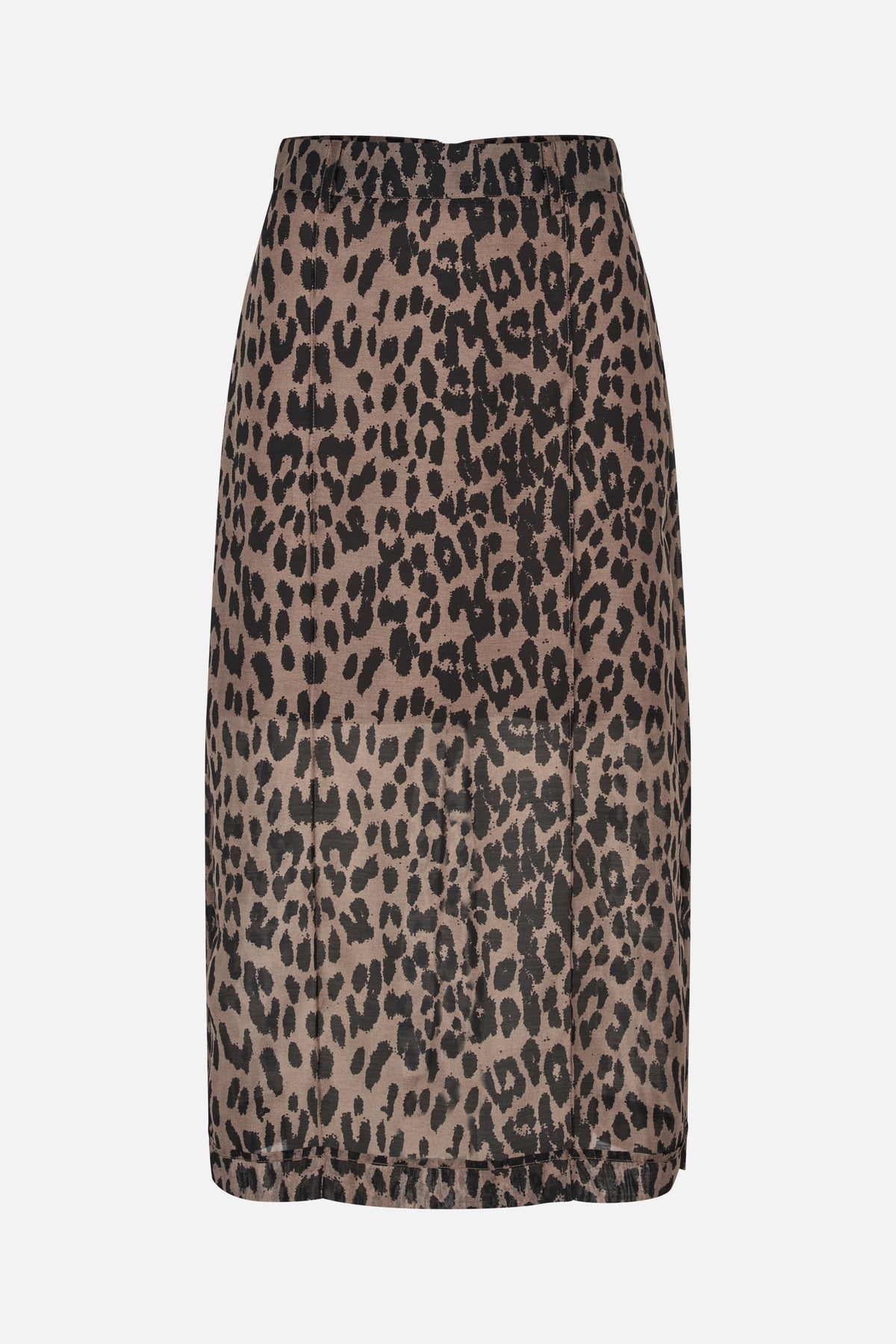 Close front view of a taupe pencil skirt with an all-over black animal print, waistband, belt loops and vertical seams