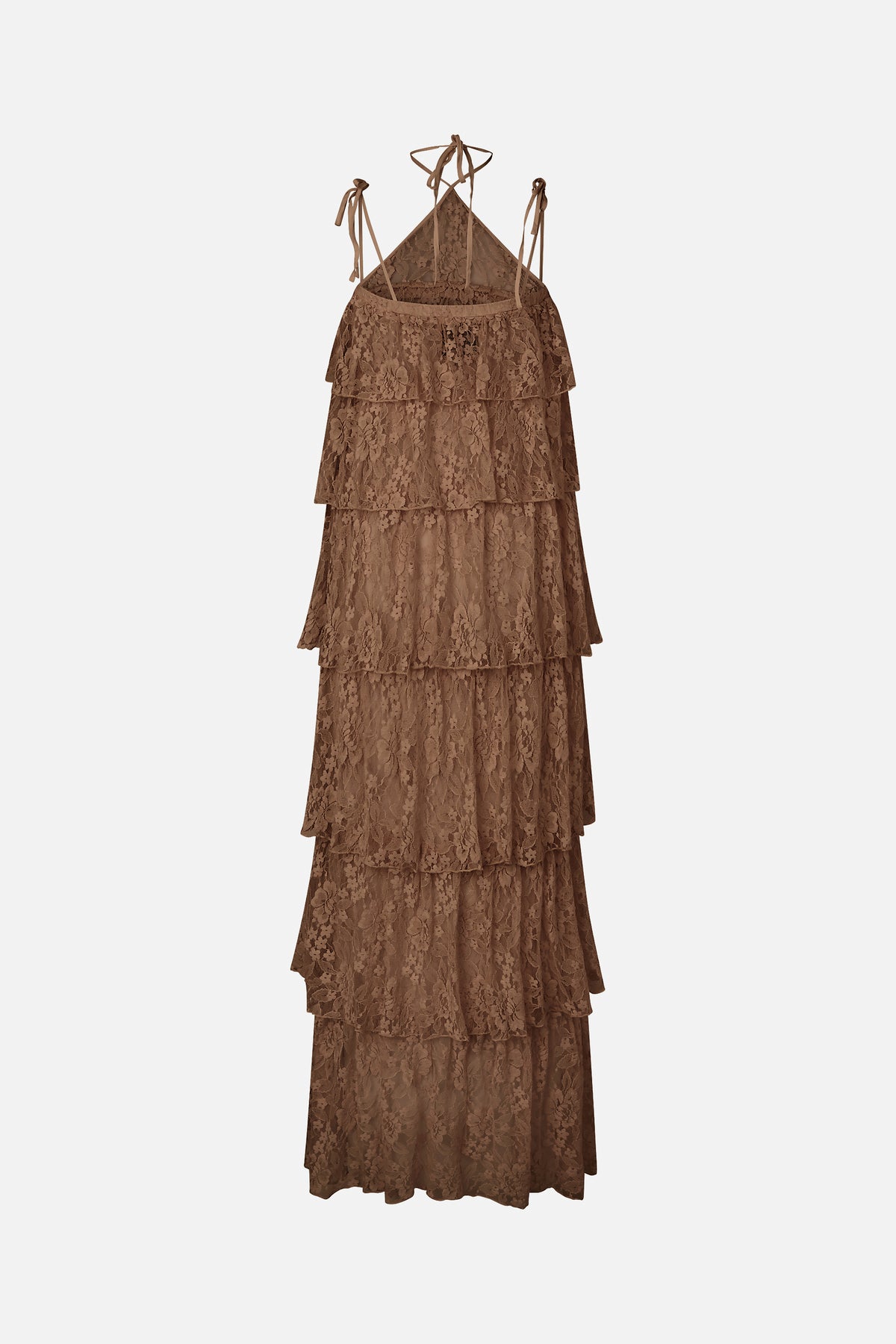 Long brown floral lace dress with layered ruffle tiers and thin tie shoulder straps, shown hanging against a plain background.