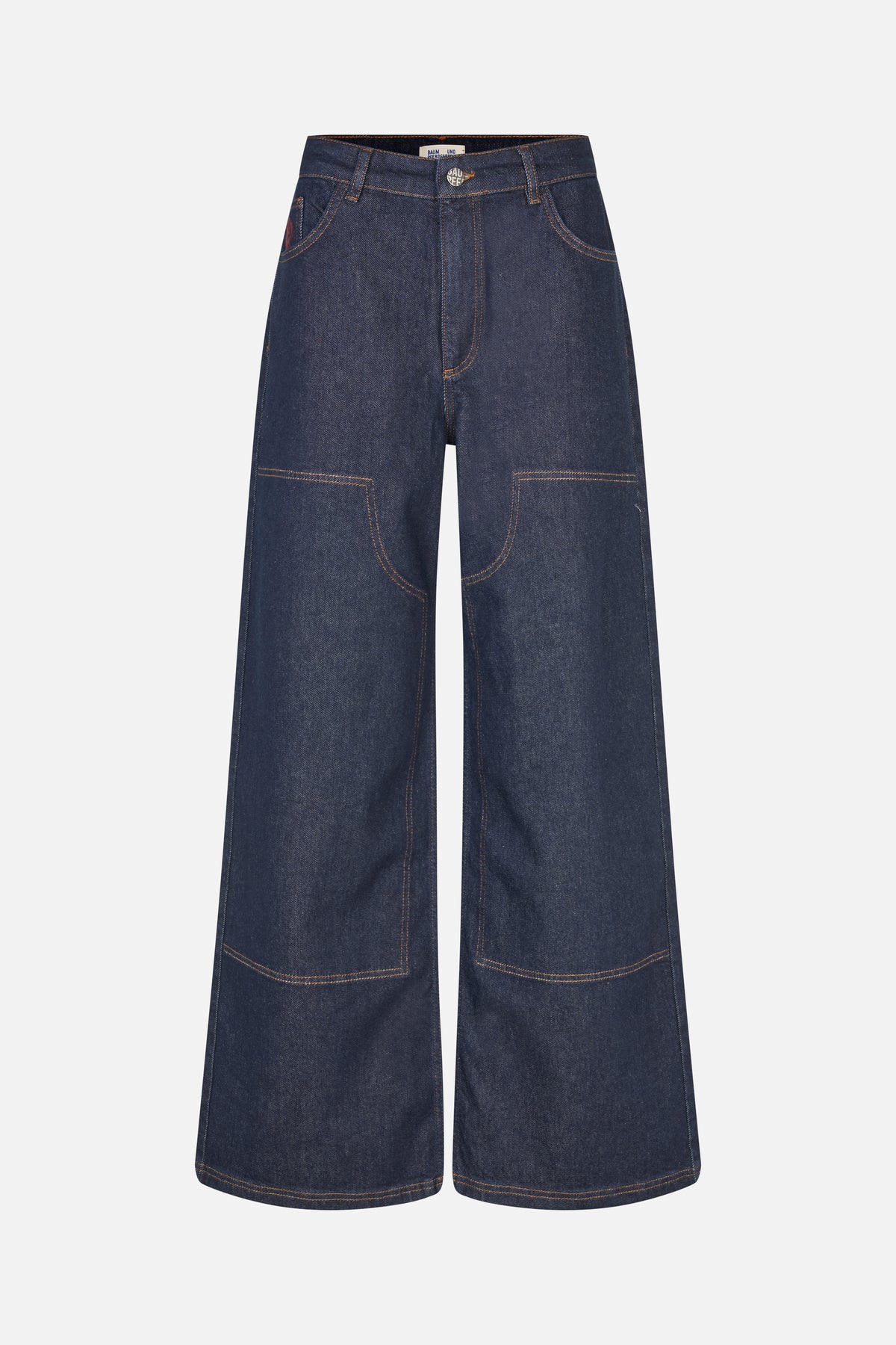Front view of dark indigo wide-leg jeans with contrast orange stitching and large patch pockets across the legs.