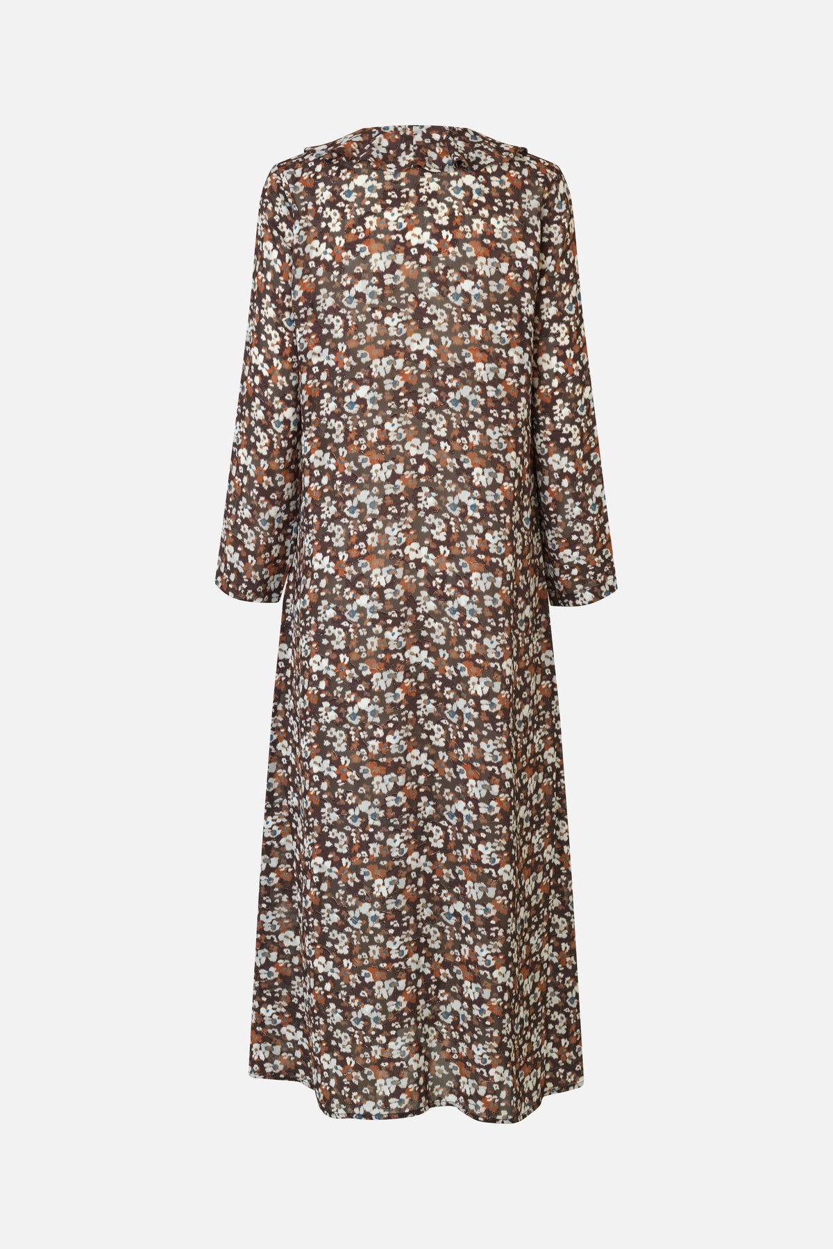 Back view of a long-sleeved collared dress with a dense white, blue and rust floral print on a brown-grey ground.