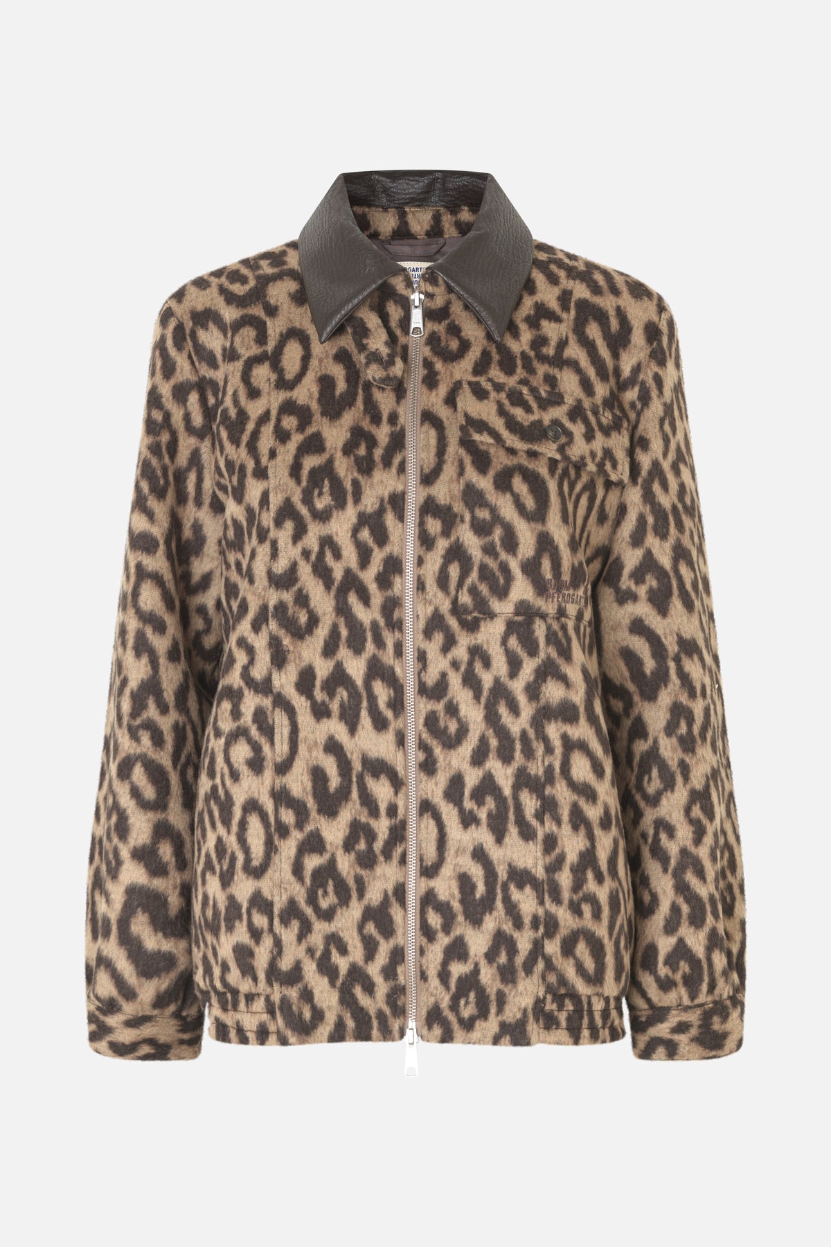 Front view of a beige and dark brown animal-print jacket with a dark leather-look collar, zip front and chest pocket.