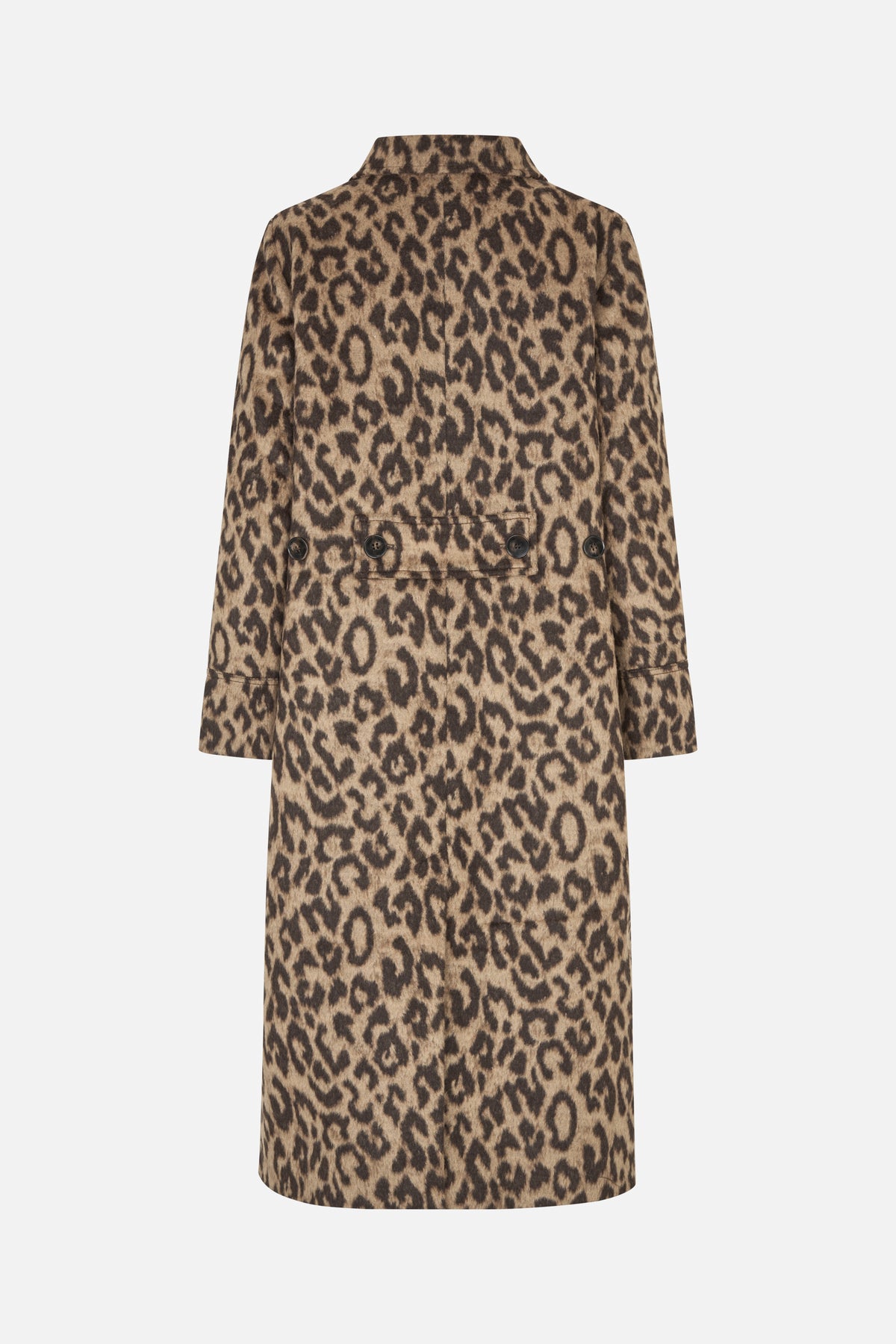 Back view of a long beige-brown leopard-print coat with a stand collar and buttoned back tab.