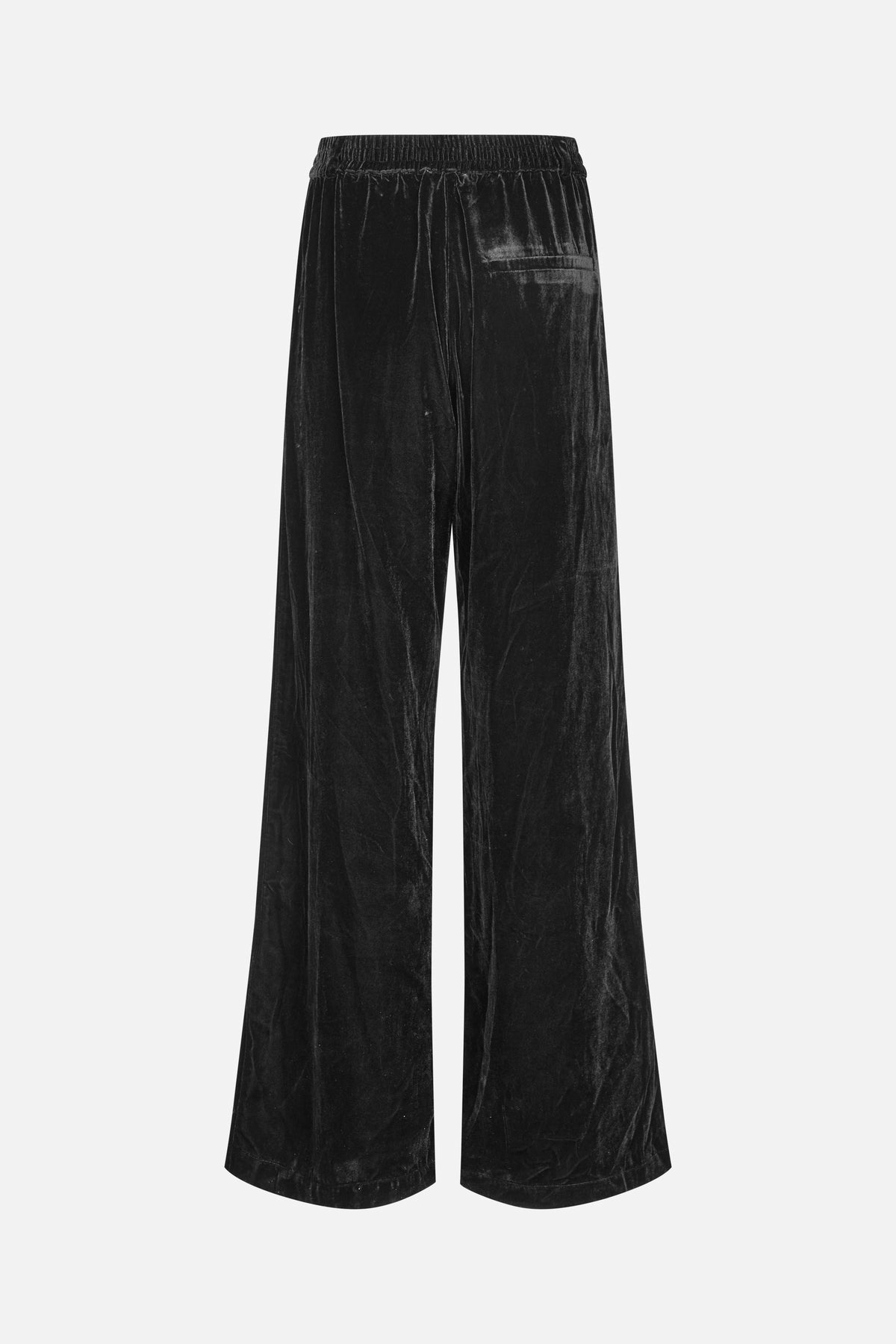 Black velvet wide-leg trousers shown from the back, with an elasticated waistband and a single welt pocket.