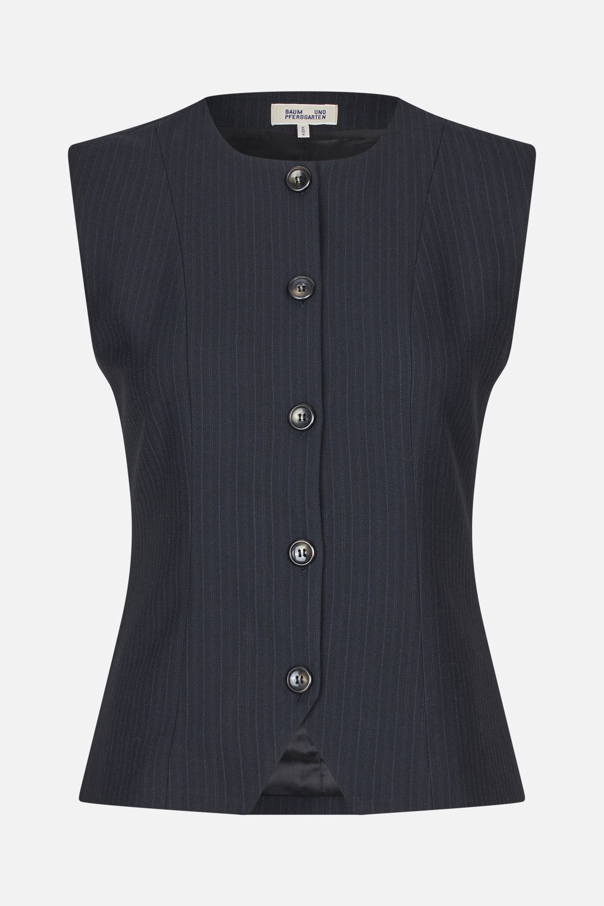 Front view of a charcoal pinstripe sleeveless vest with a round neckline, fitted waist and dark buttons.