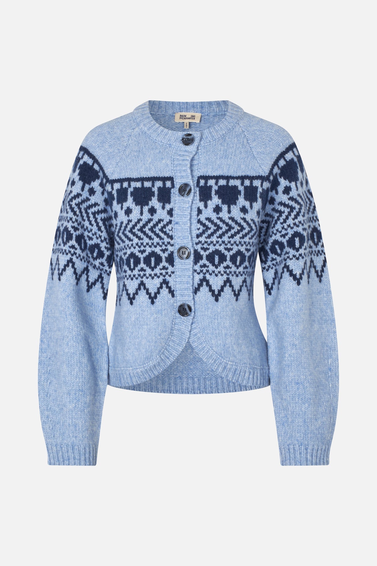 Front view of a pale blue knit cardigan with a navy geometric Fair Isle pattern, round neckline, and dark buttons.