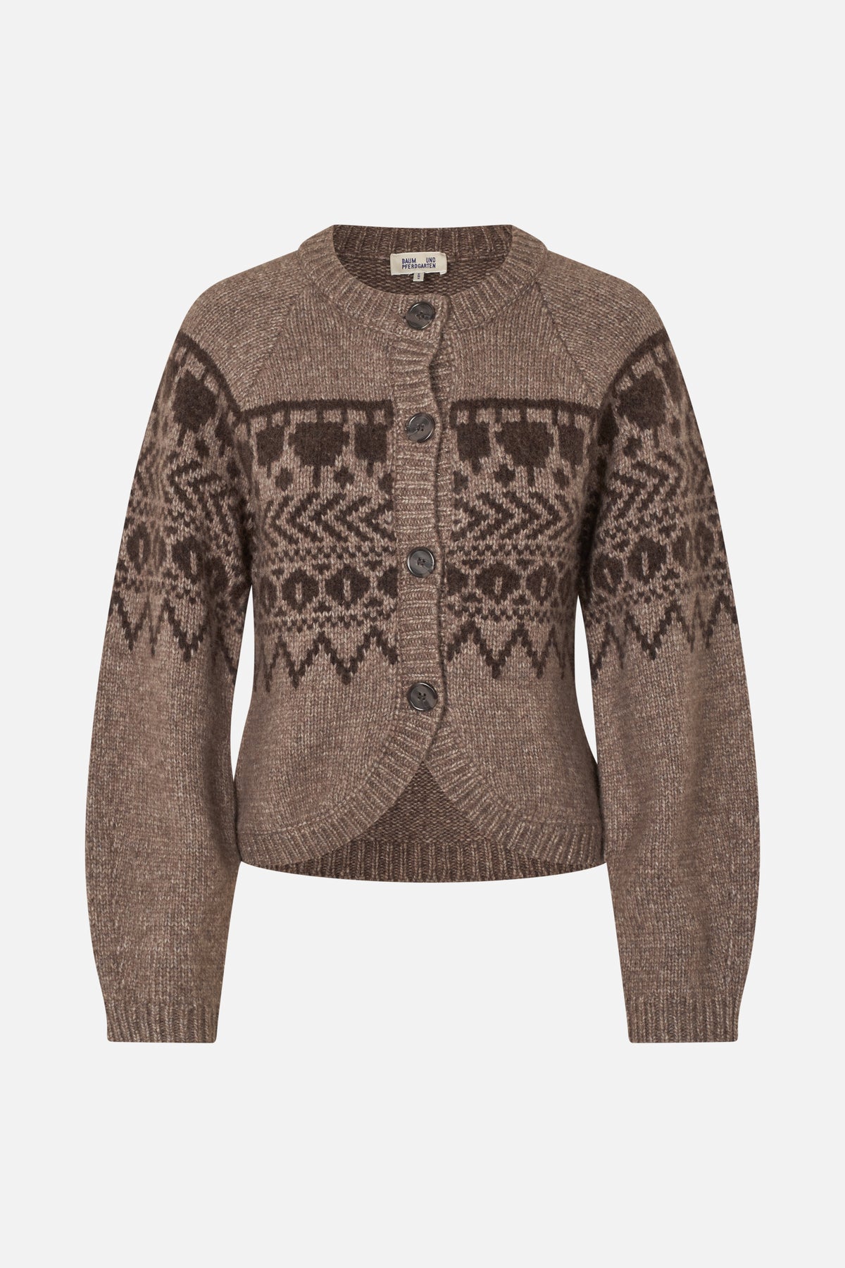 Front view of a brown patterned knit cardigan with a round neckline, long sleeves, ribbed trim and large buttons.