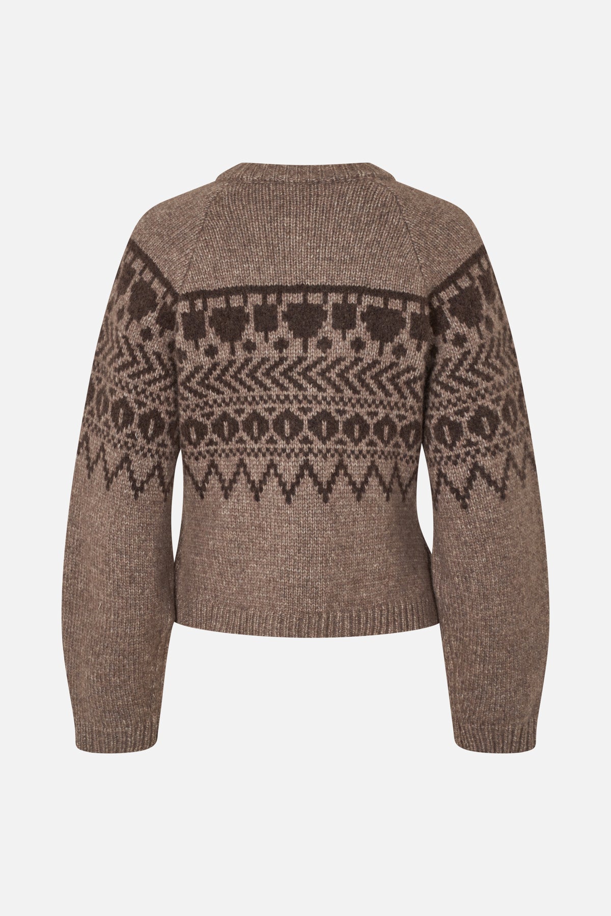 Back view of a taupe-brown knitted sweater with long sleeves and dark brown geometric bands across the shoulders and upper back.