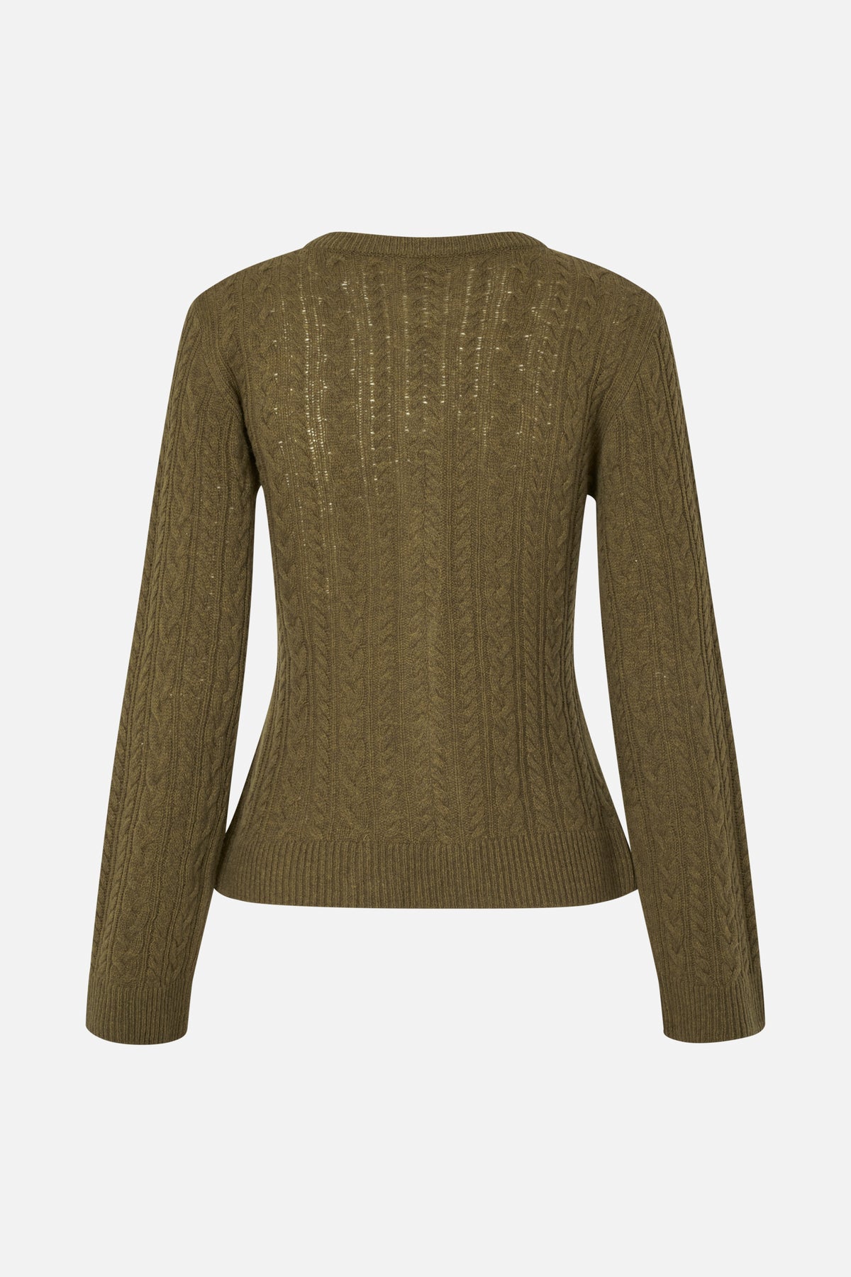 Back view of an olive-green long-sleeved sweater with a ribbed crew neck, cable-knit pattern and ribbed hem.