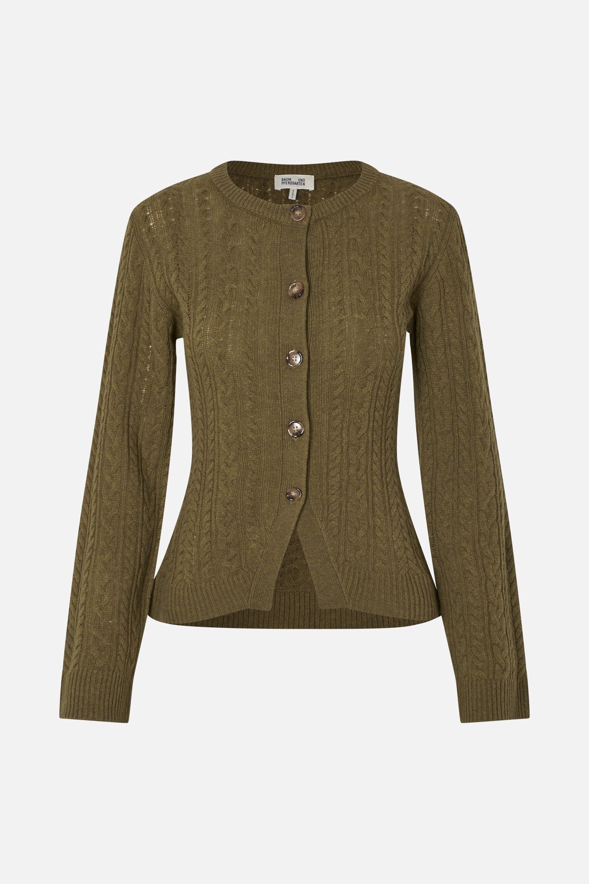 Front view of an olive green cable-knit cardigan with a round neckline, long sleeves and button fastening.