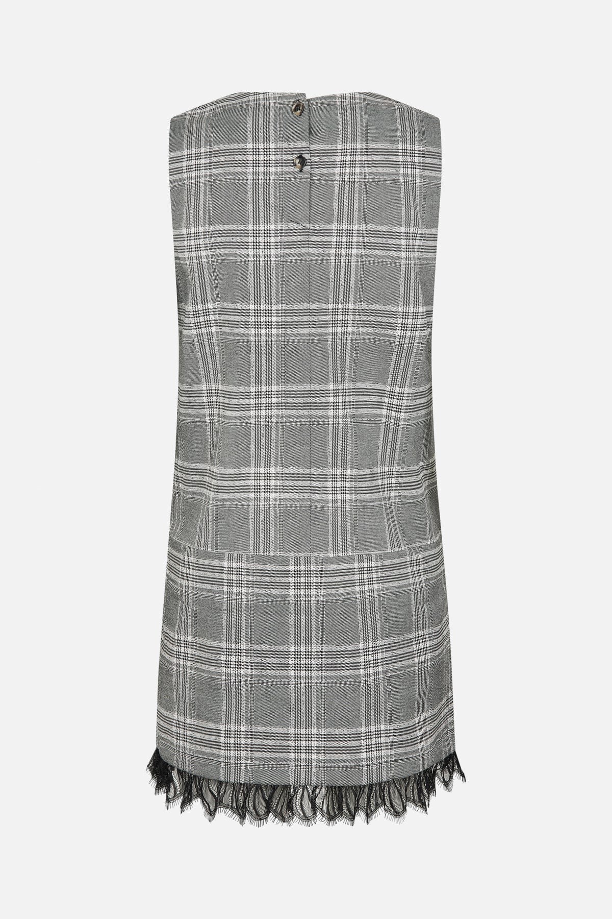 Back view of a sleeveless grey, black and white plaid dress with two neck buttons and black lace trim at the hem.