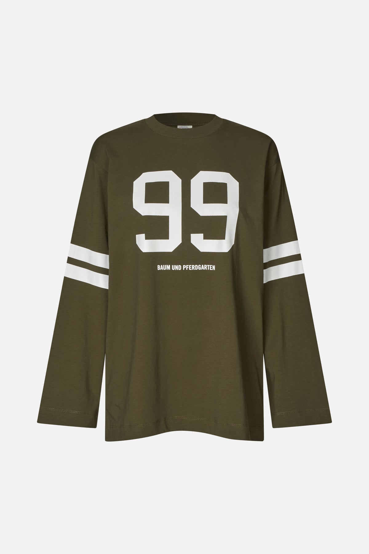 Front view of an olive green long-sleeved crew-neck shirt with a large white 99 graphic and white sleeve stripes.