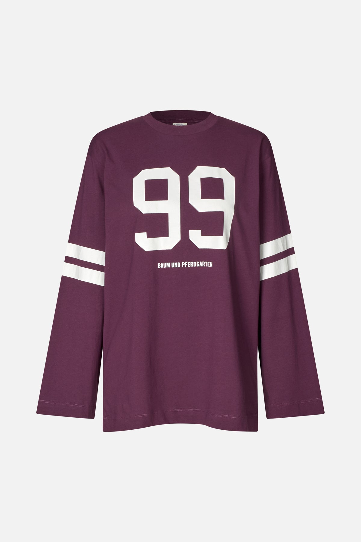 Front view of a plum long-sleeved T-shirt with white sleeve stripes, a large “99” graphic and Baum und Pferdgarten lettering.