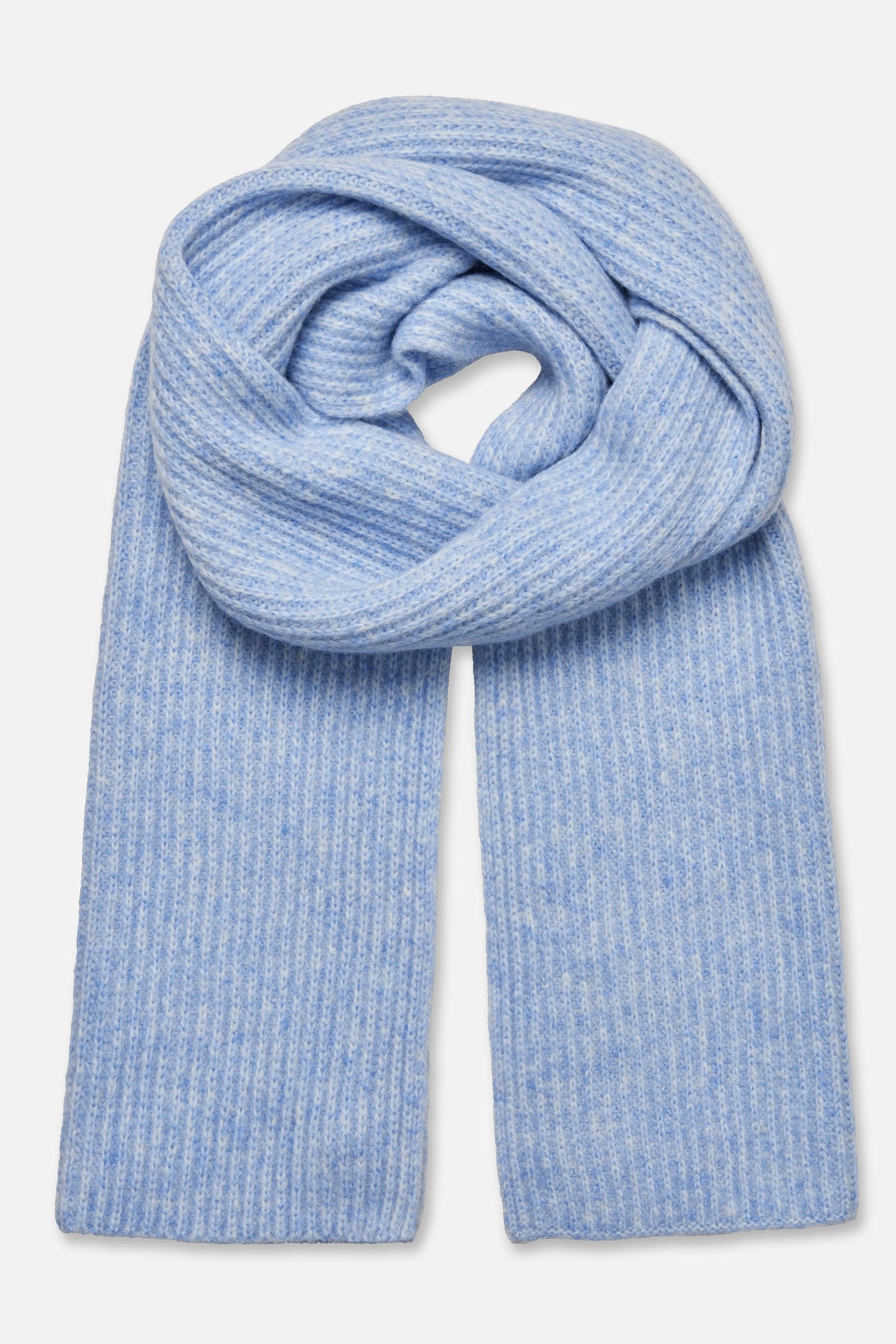 Light blue melange knitted scarf arranged in a loop, showing its ribbed texture and long rectangular ends.