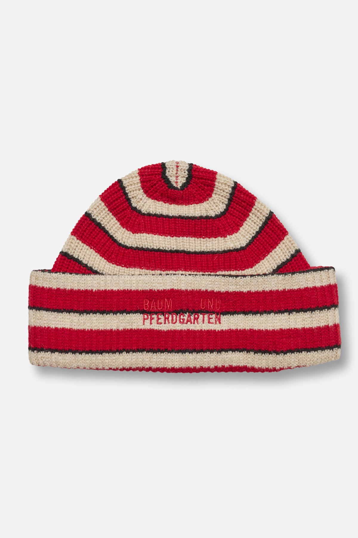 Red, cream and black striped knitted beanie with a folded cuff embroidered with Baum und Pferdgarten lettering.