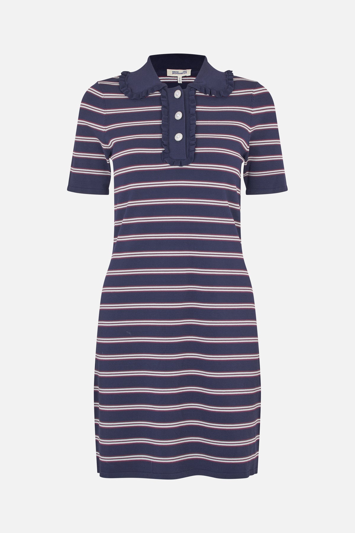 Front view of a navy short-sleeved collared dress with horizontal cream and burgundy stripes, a ruffled collar and placket, and decorative buttons.