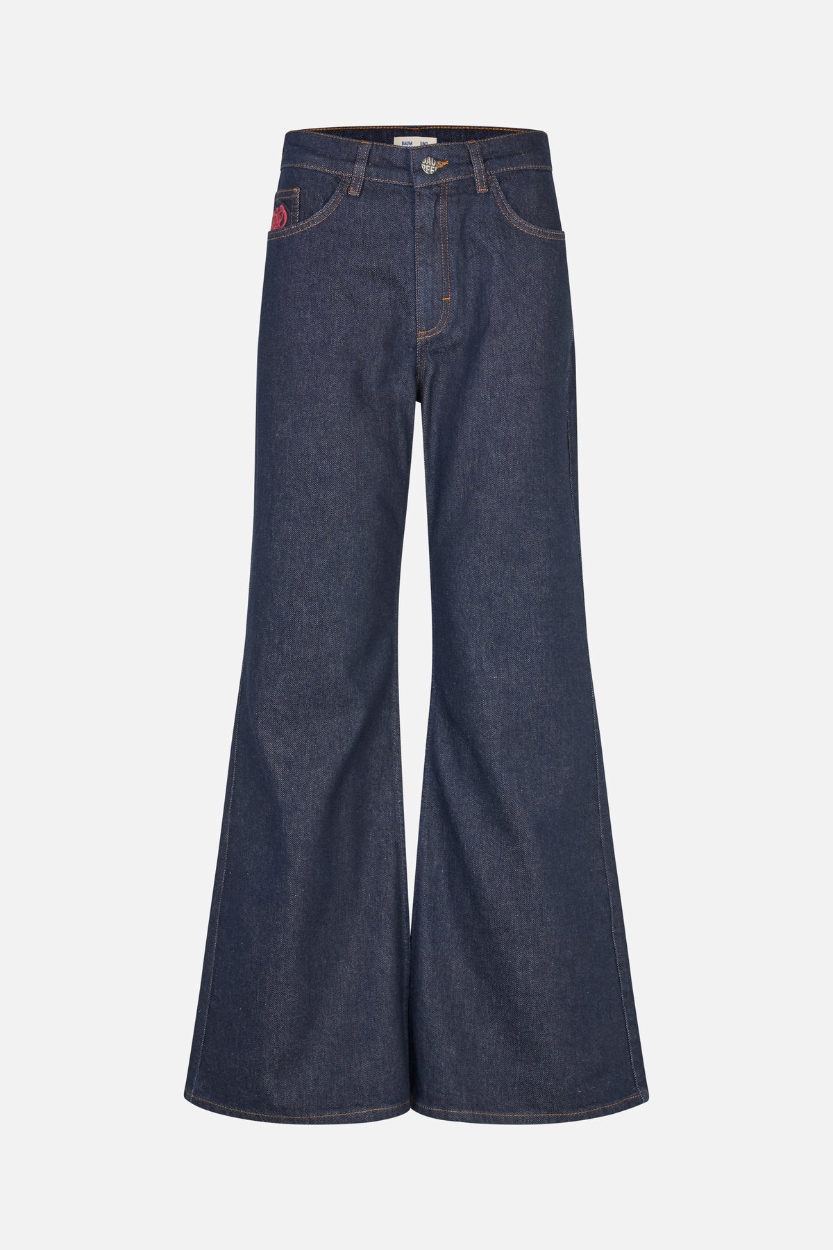 Front view of dark indigo wide-leg jeans with orange contrast stitching, belt loops and front pockets.