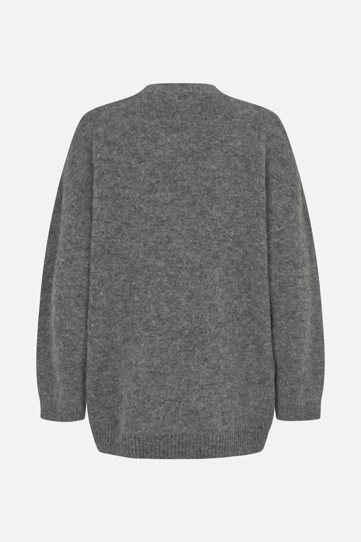 Back view of a grey fuzzy-knit sweater with long sleeves, a high crew neckline and ribbed cuffs and hem.