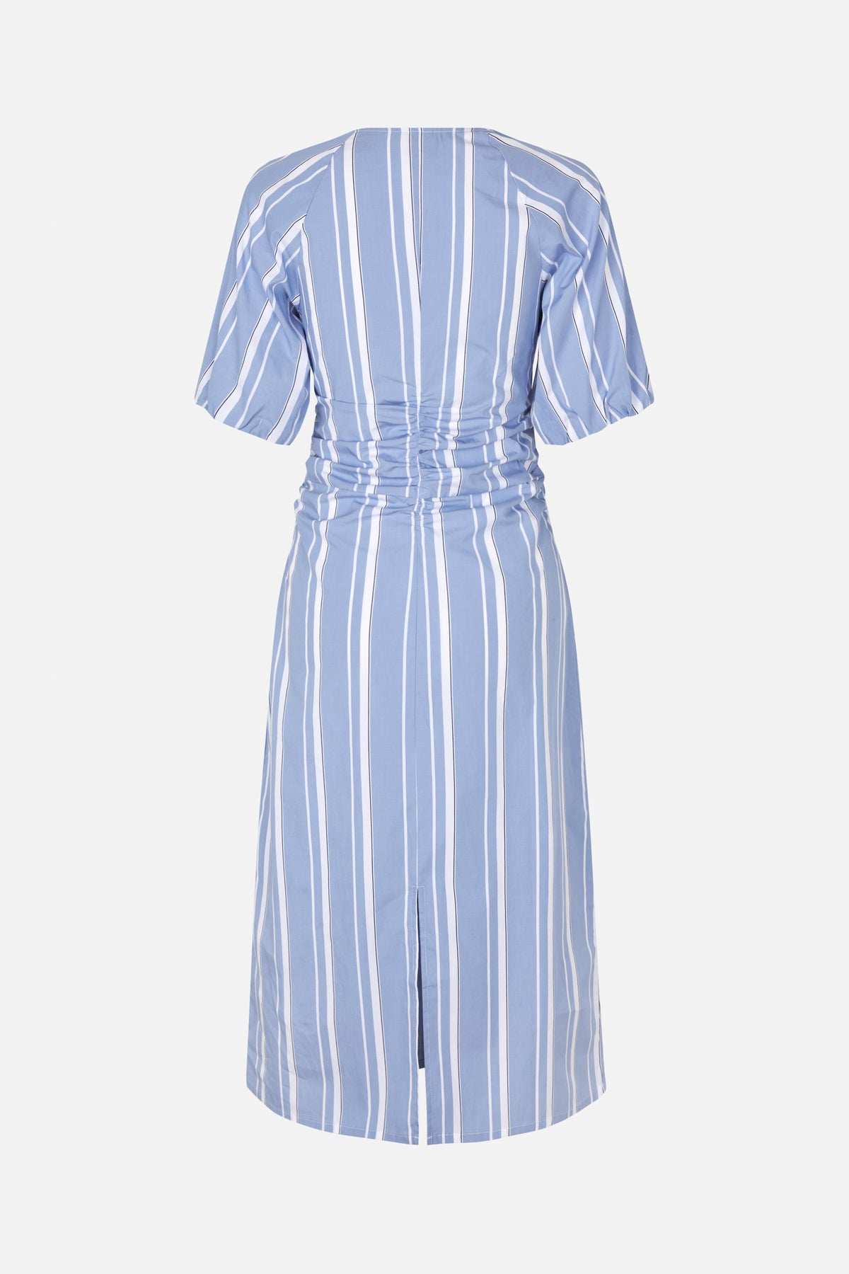 Back view of a blue-and-white vertically striped dress with short puff sleeves and a ruched waist