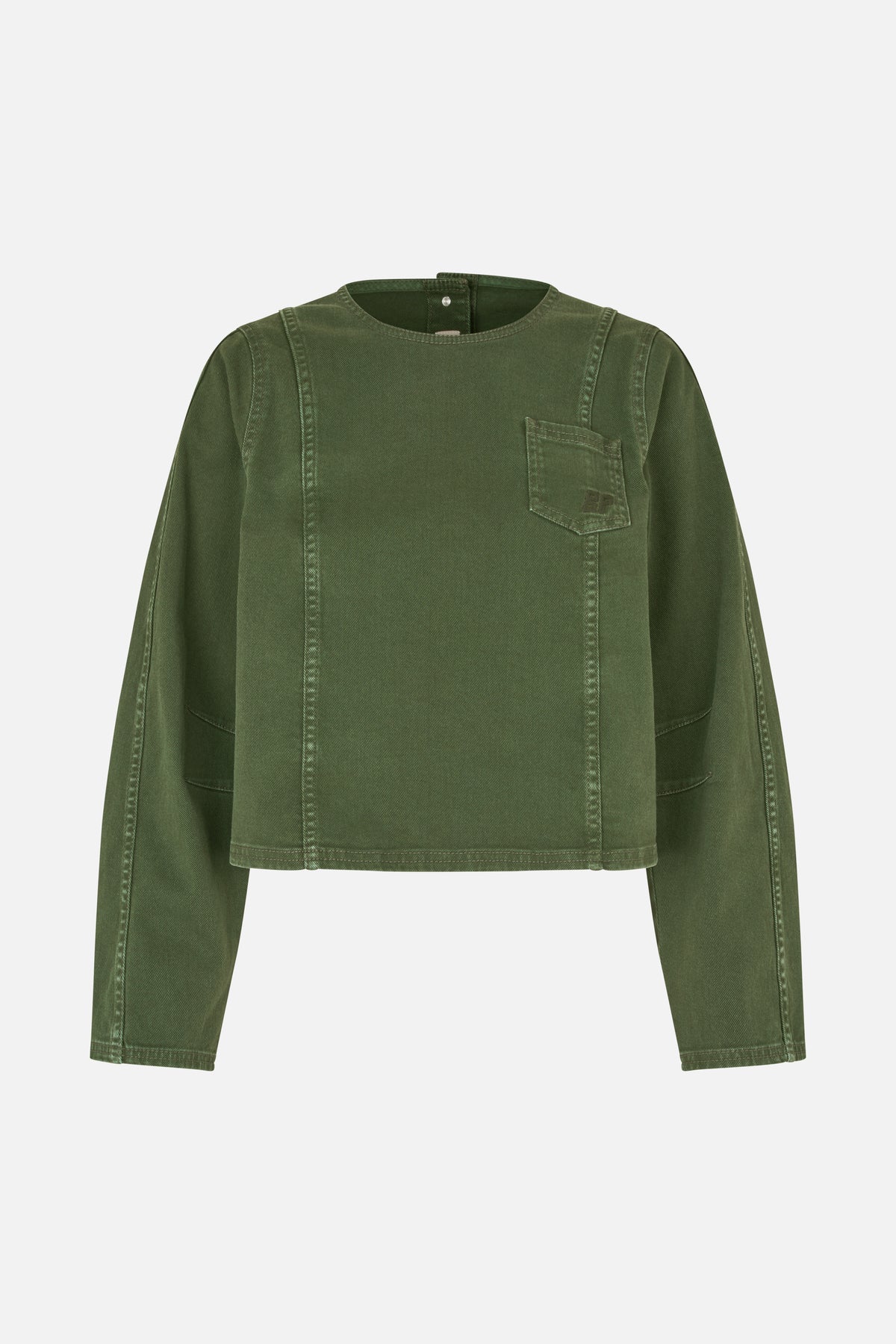 Front view of an olive green long-sleeved top with a round neckline, stitched panel seams, and a small chest pocket.
